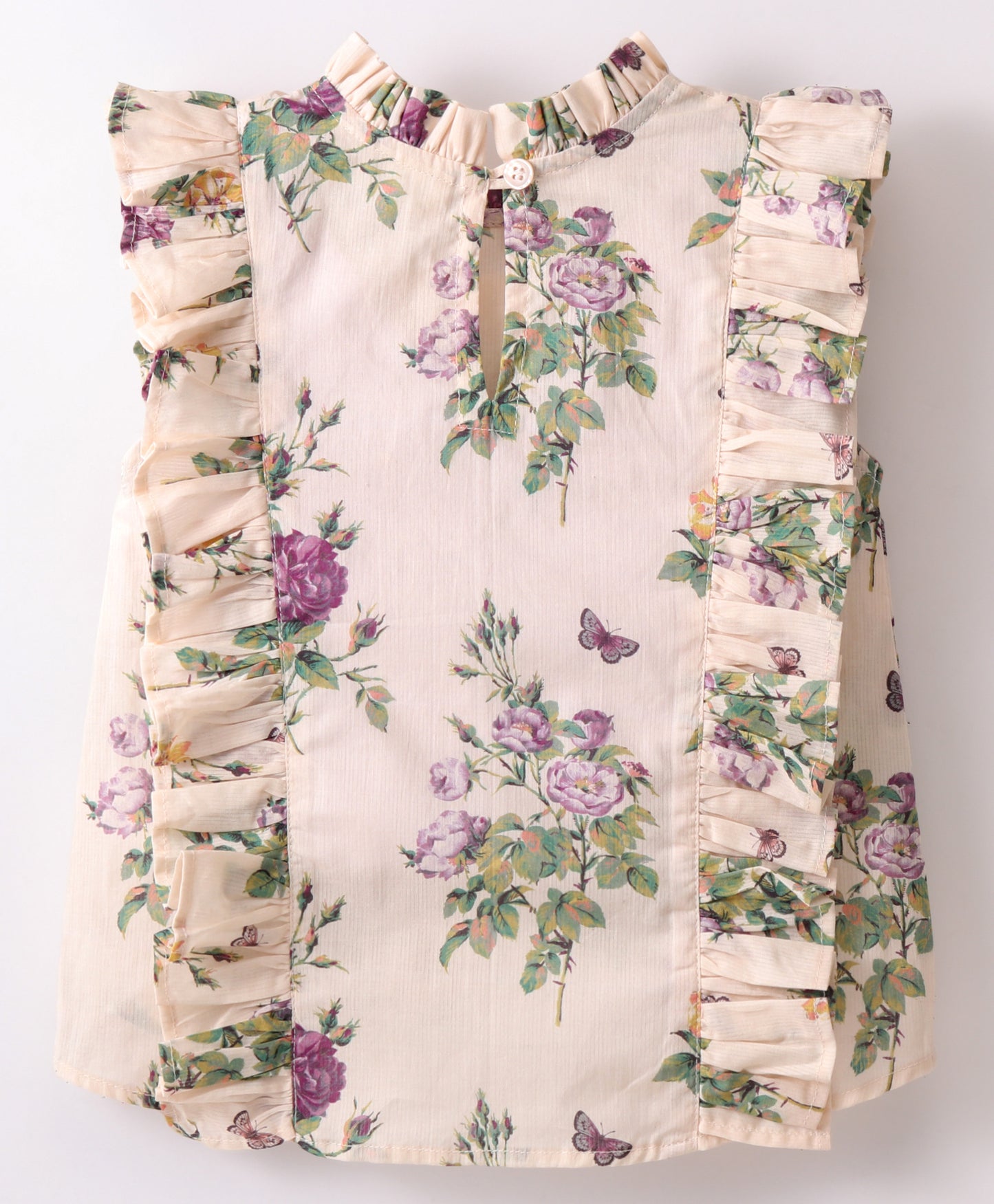Sleeveless Vintage Wallpaper Style Floral Printed & Frill Detailed Top - Off White