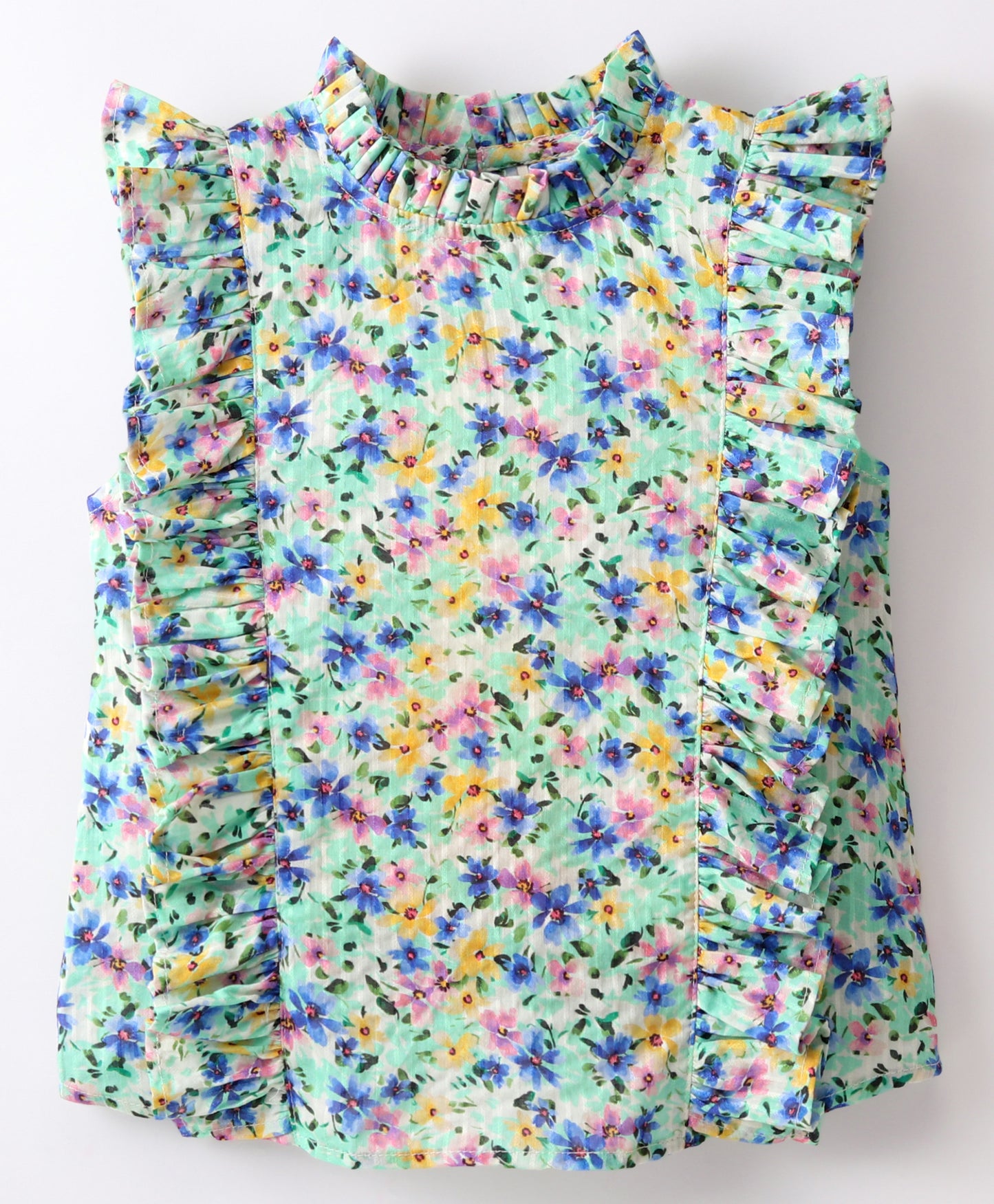 Sleeveless All Over Water Colour Effect Garden Flowers Printed & Frill Detailed Top - Blue & Green