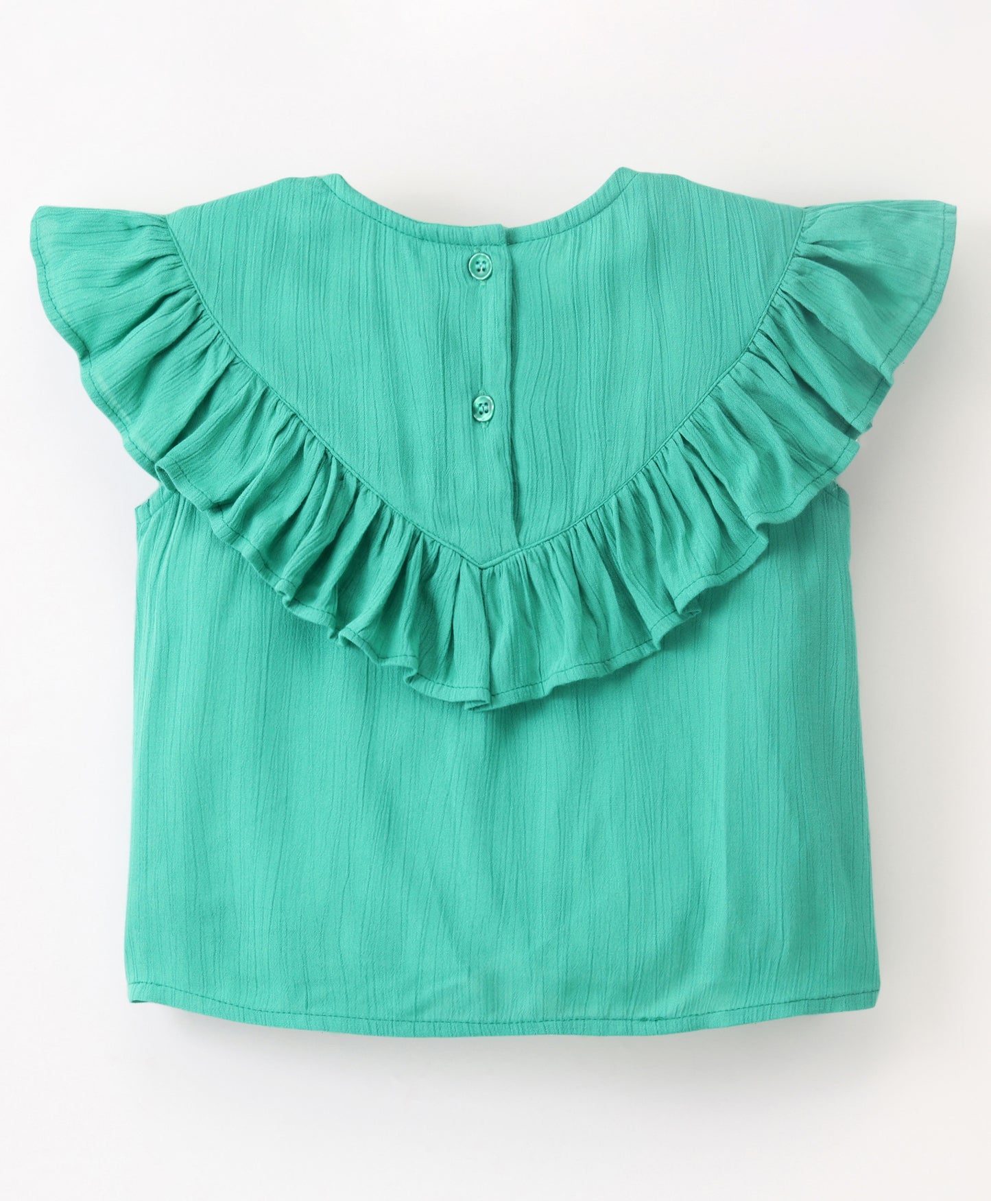 Cap Sleeves Frill Neckline Detailed & Floral Yoke Embroidered Top - Green