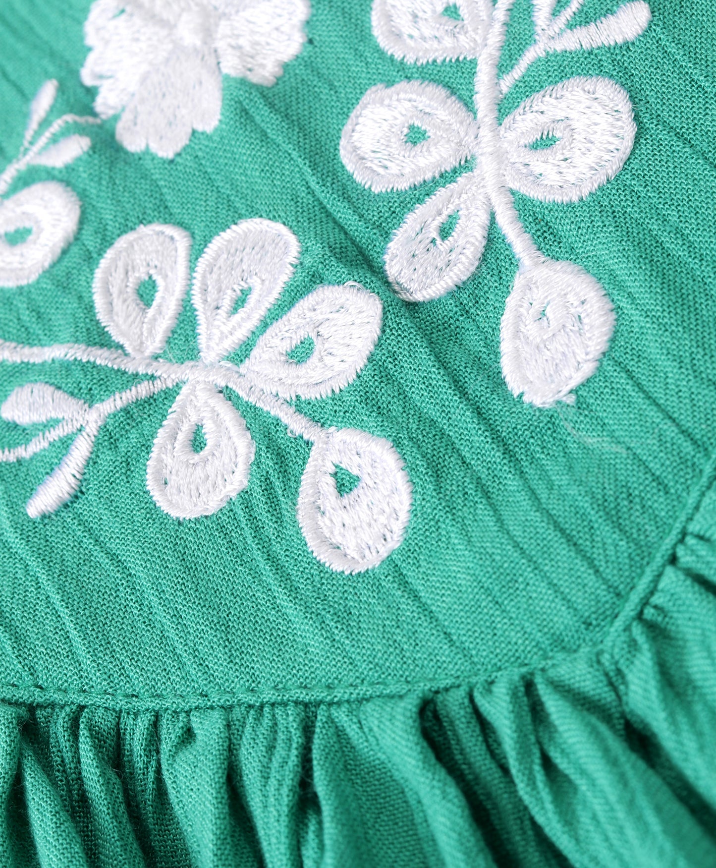 Cap Sleeves Frill Neckline Detailed & Floral Yoke Embroidered Top - Green