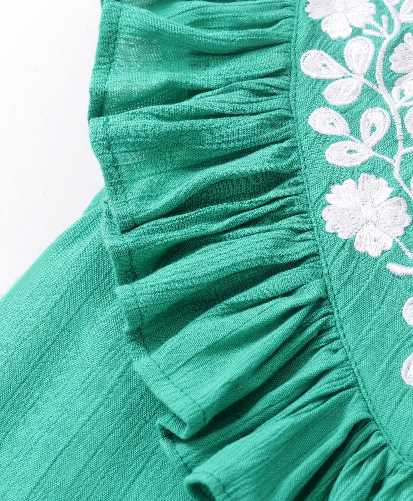 Cap Sleeves Frill Neckline Detailed & Floral Yoke Embroidered Top - Green