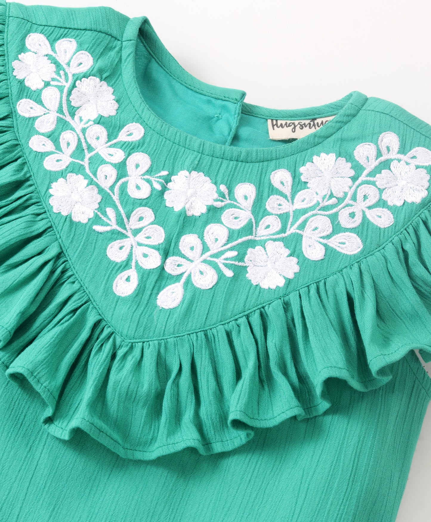Cap Sleeves Frill Neckline Detailed & Floral Yoke Embroidered Top - Green