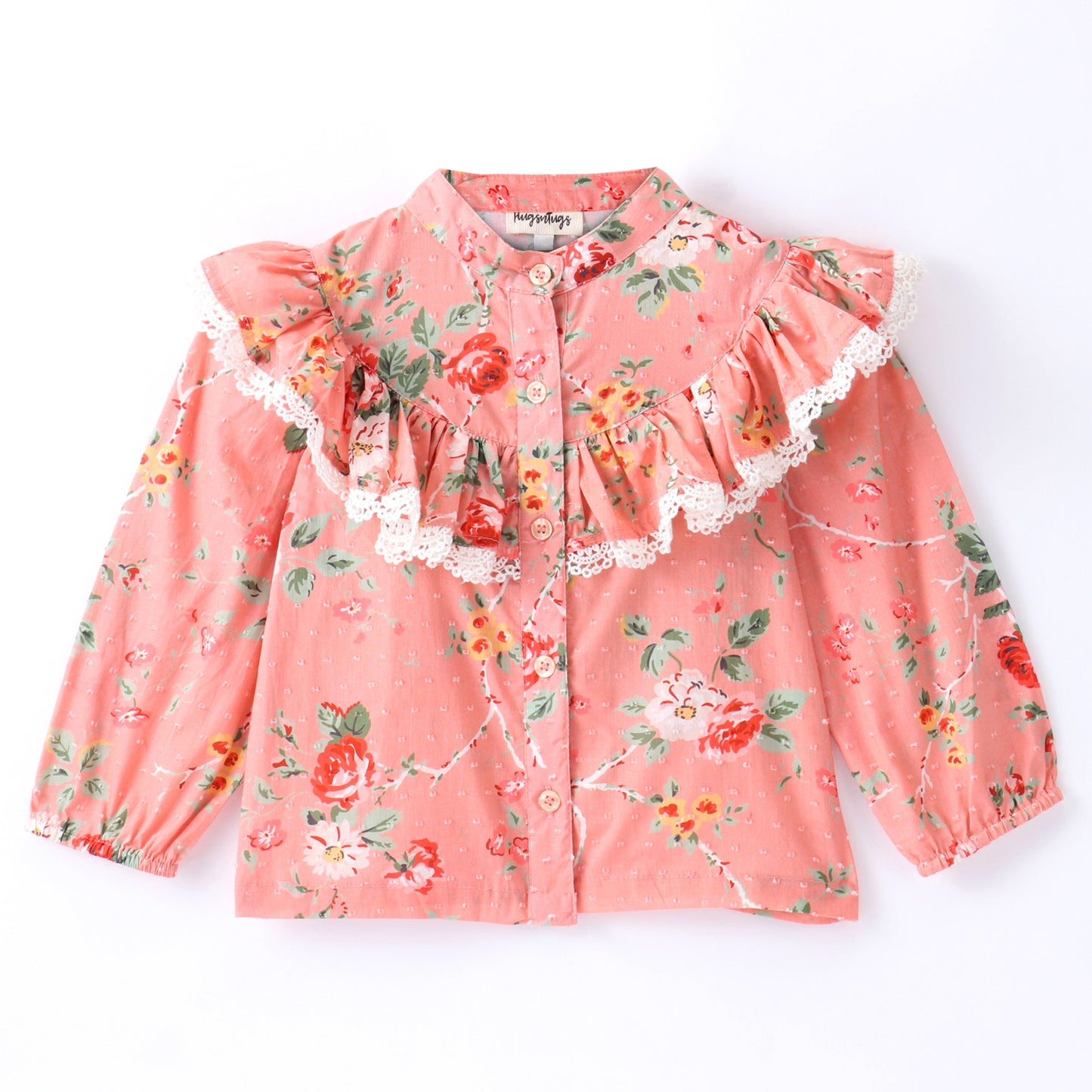 Full Sleeves Seamless Flowers Printed & Frill Detailed Top - Coral Peach