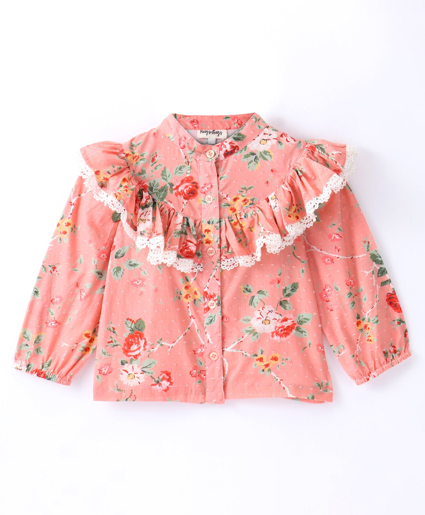 Full Sleeves Seamless Flowers Printed & Frill Detailed Top - Coral Peach