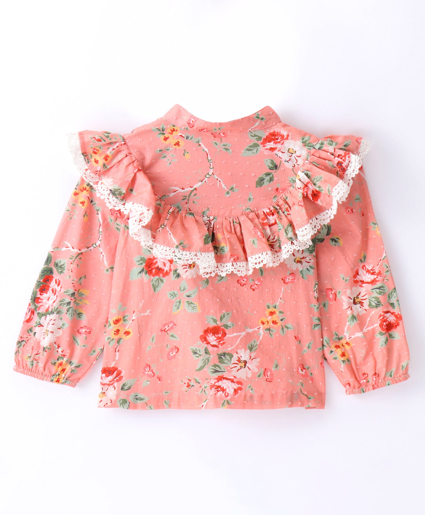 Full Sleeves Seamless Flowers Printed & Frill Detailed Top - Coral Peach