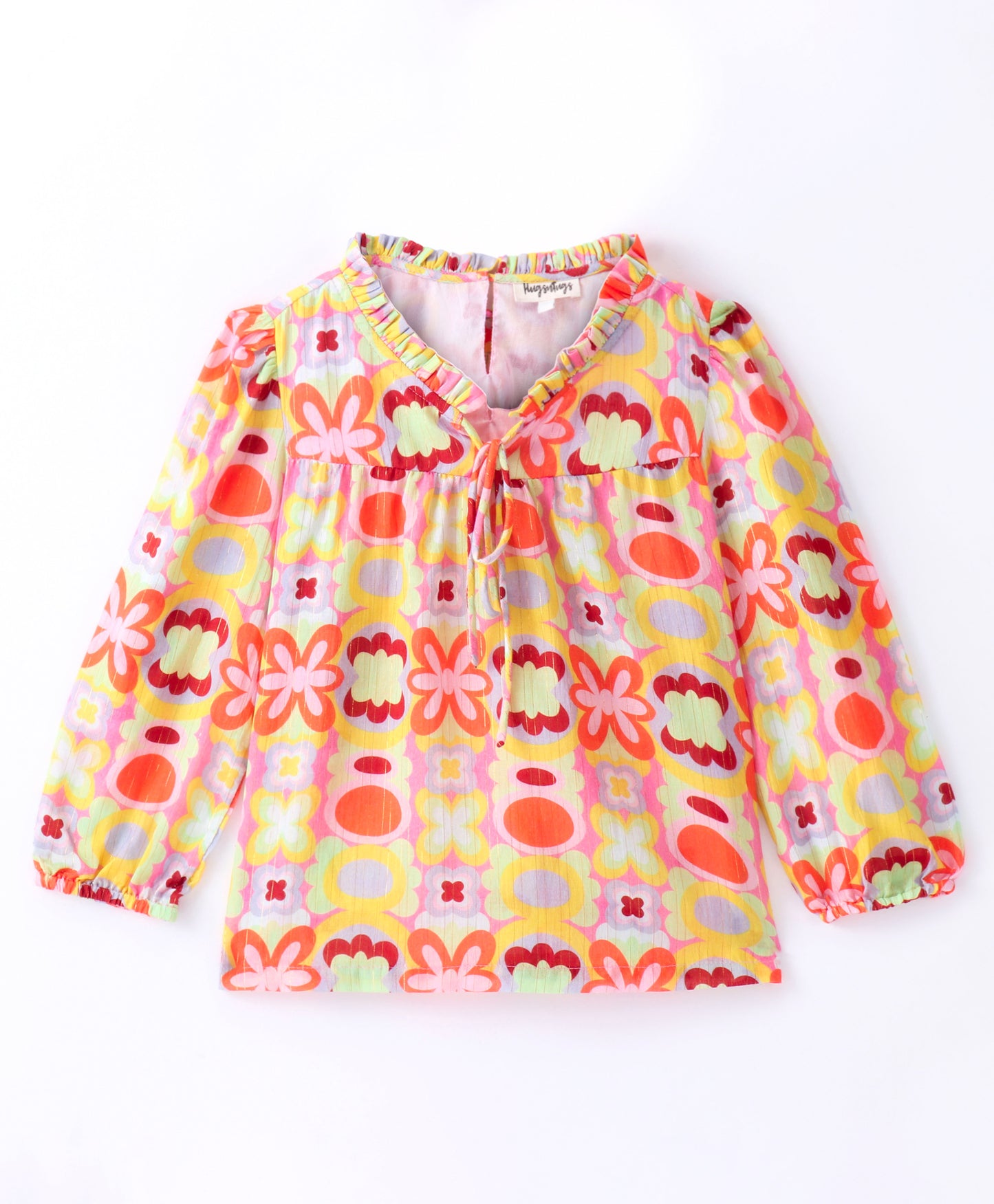 Full Sleeve Seamless Botanical Flowers Printed & Pleats Detailed & Lurex Striped Top - Yellow