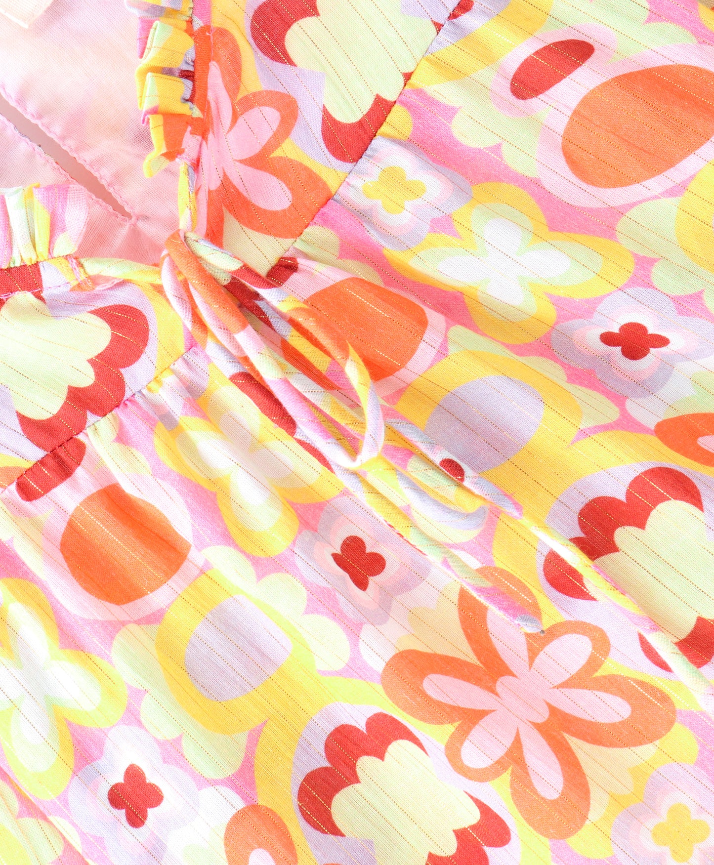 Full Sleeve Seamless Botanical Flowers Printed & Pleats Detailed & Lurex Striped Top - Yellow
