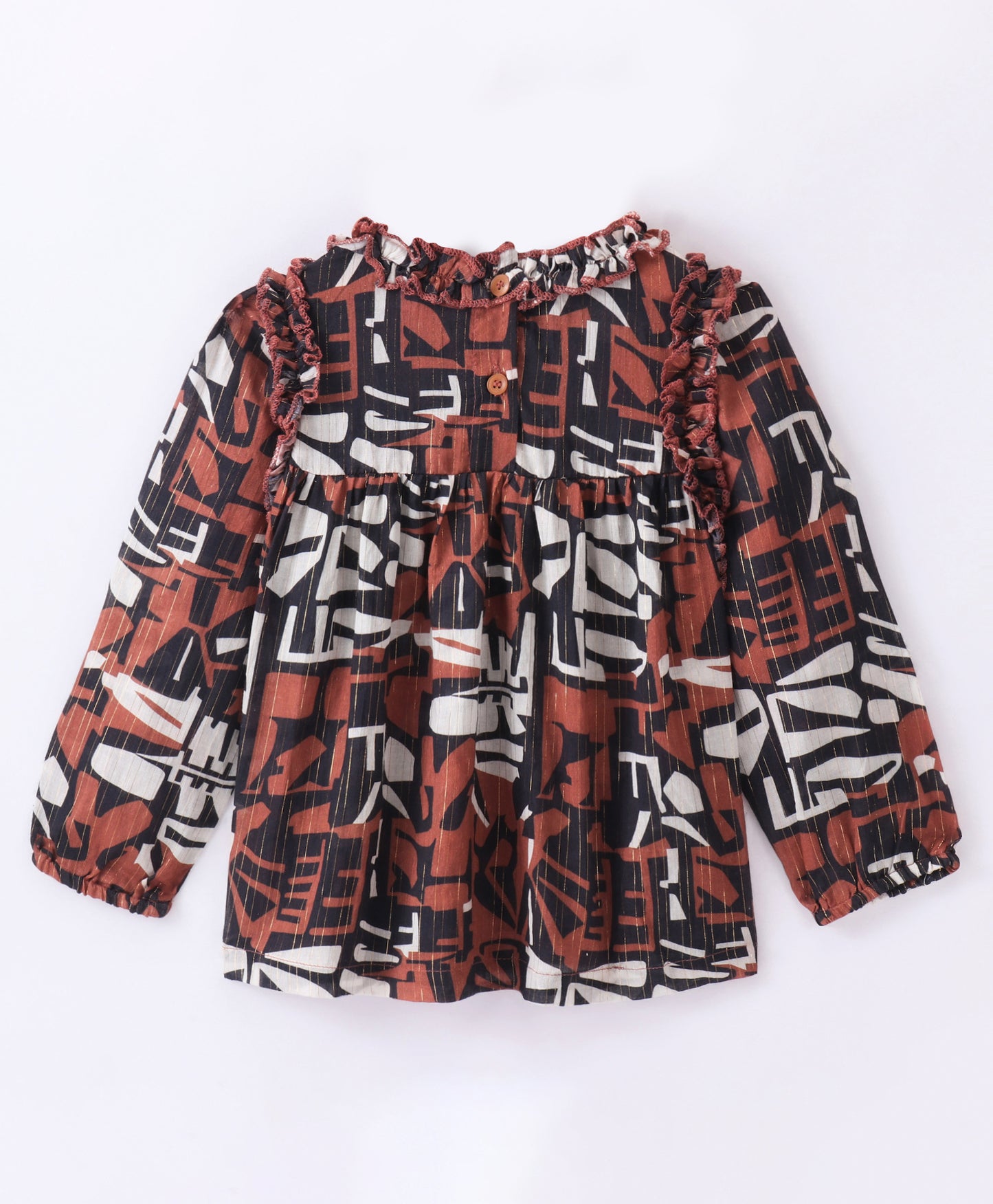 Full Sleeve Seamless Alphabets Printed & Swiss Dobby Work Detailed & Lurex Striped Ruffled Top - Brown