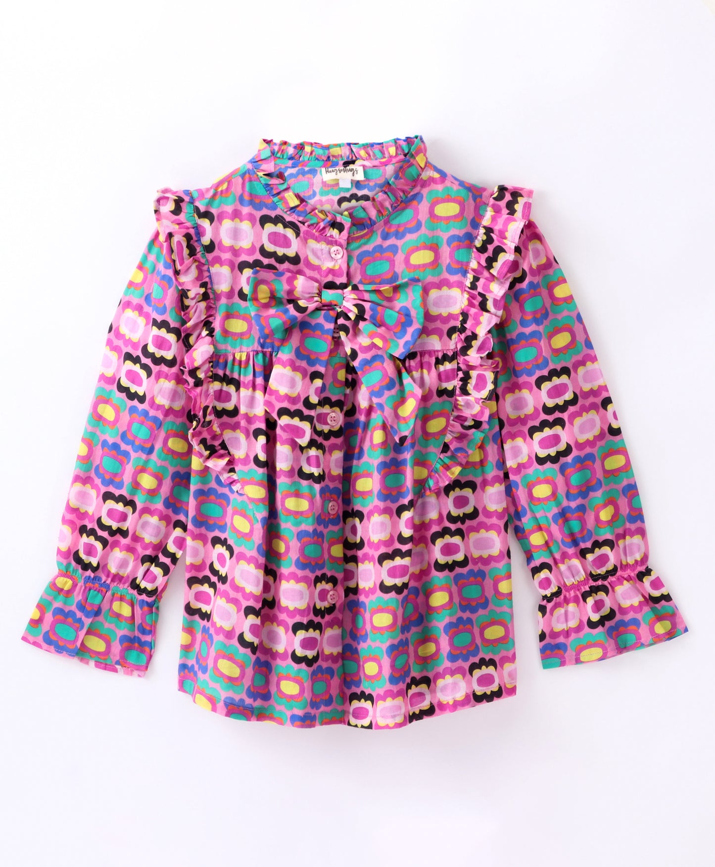 Full Sleeve Seamless Flowers Printed & Bow Embellished Ruffled Top - Pink