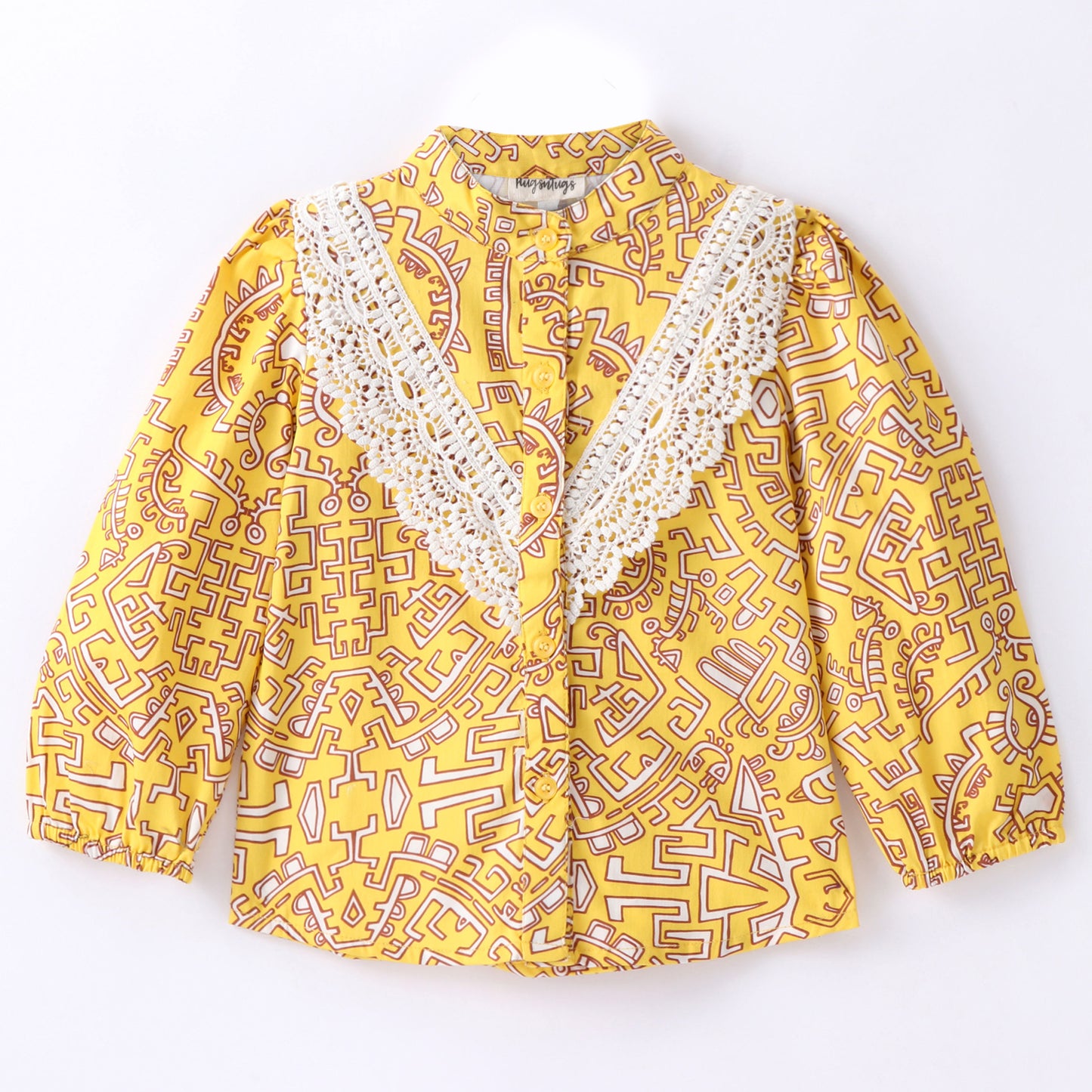 Full Sleeves Seamless Geometric Design Printed & Lace Embellished Button Down Shirt Style Top - Yellow