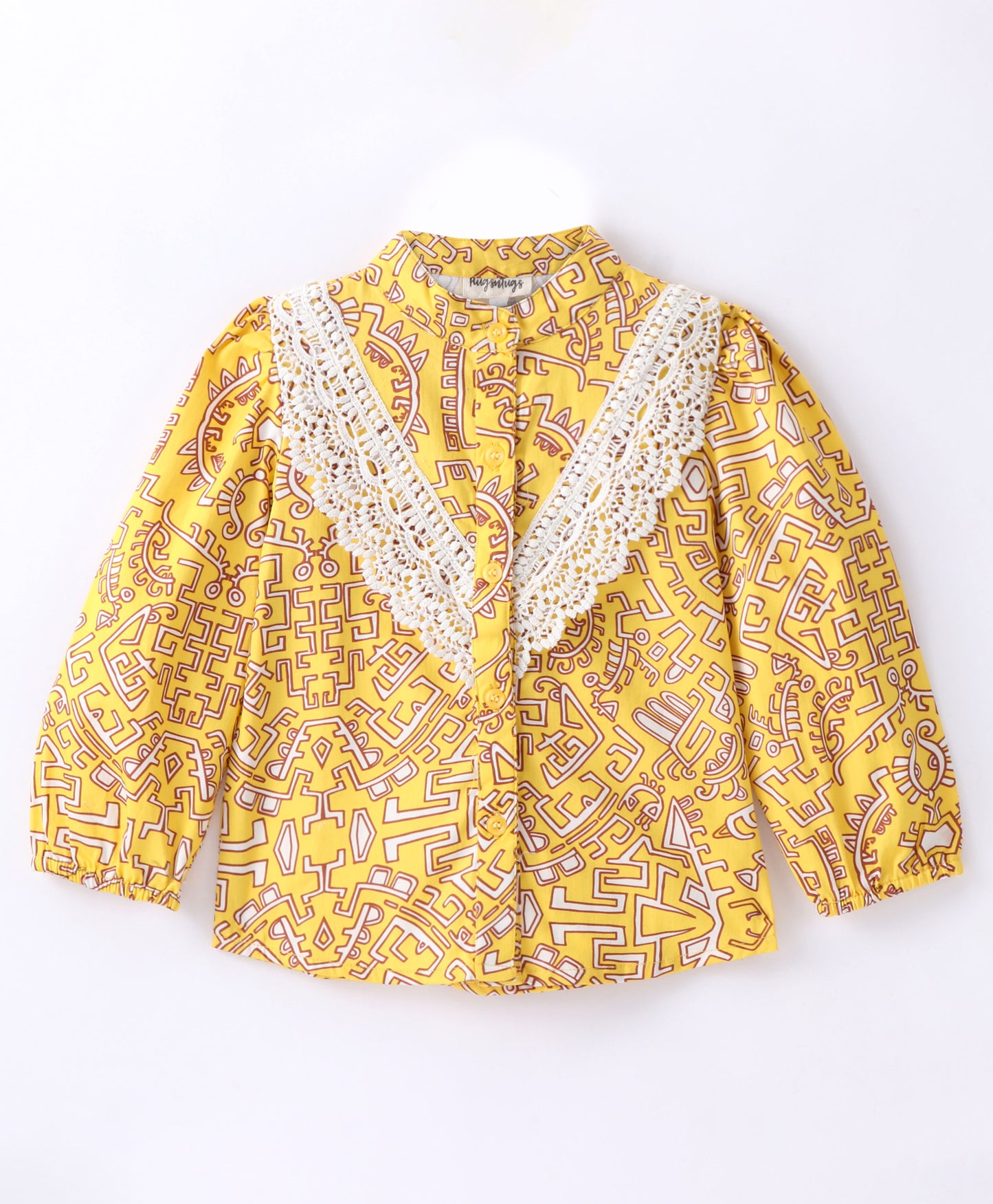 Full Sleeves Seamless Geometric Design Printed & Lace Embellished Button Down Shirt Style Top - Yellow