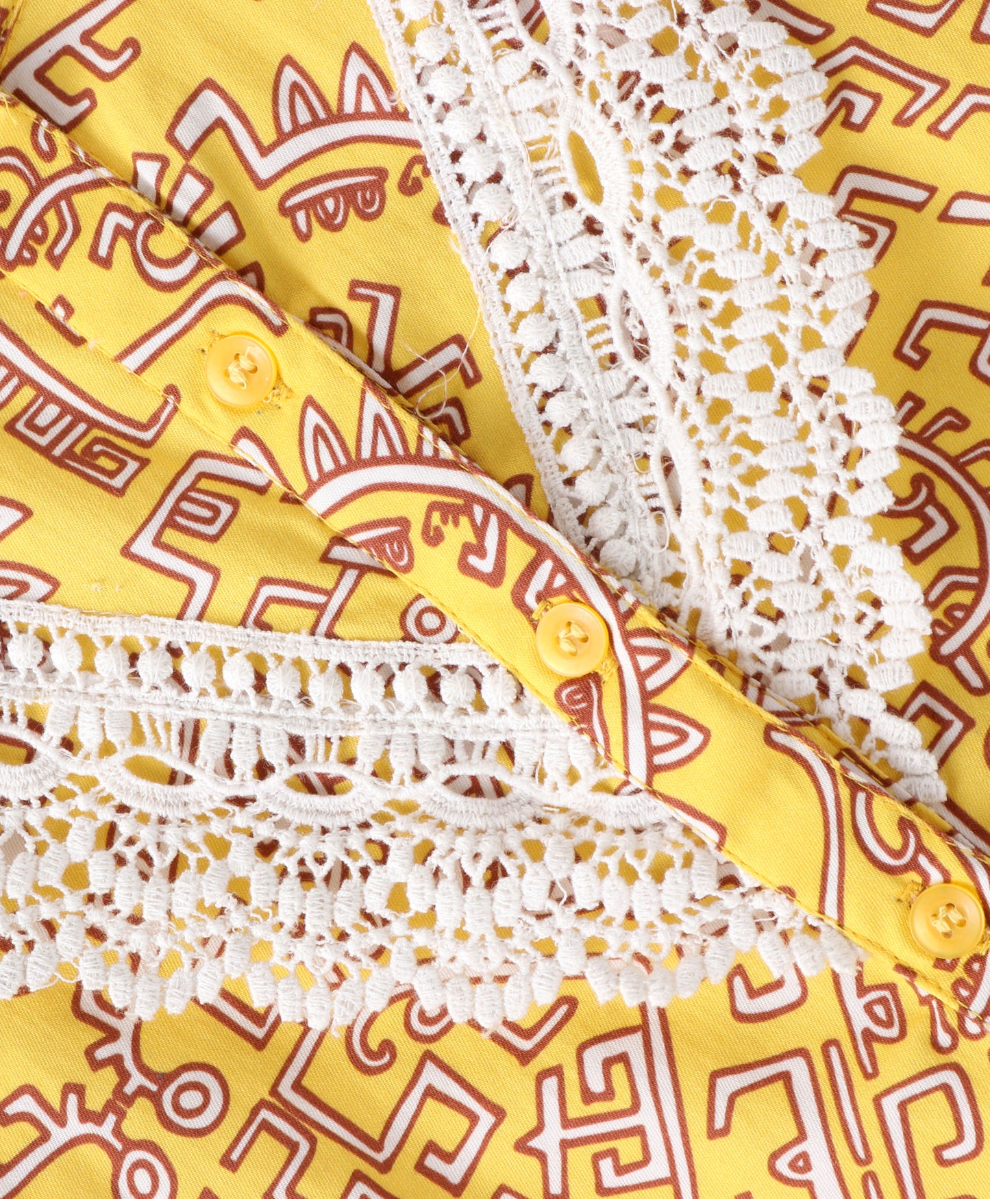 Full Sleeves Seamless Geometric Design Printed & Lace Embellished Button Down Shirt Style Top - Yellow