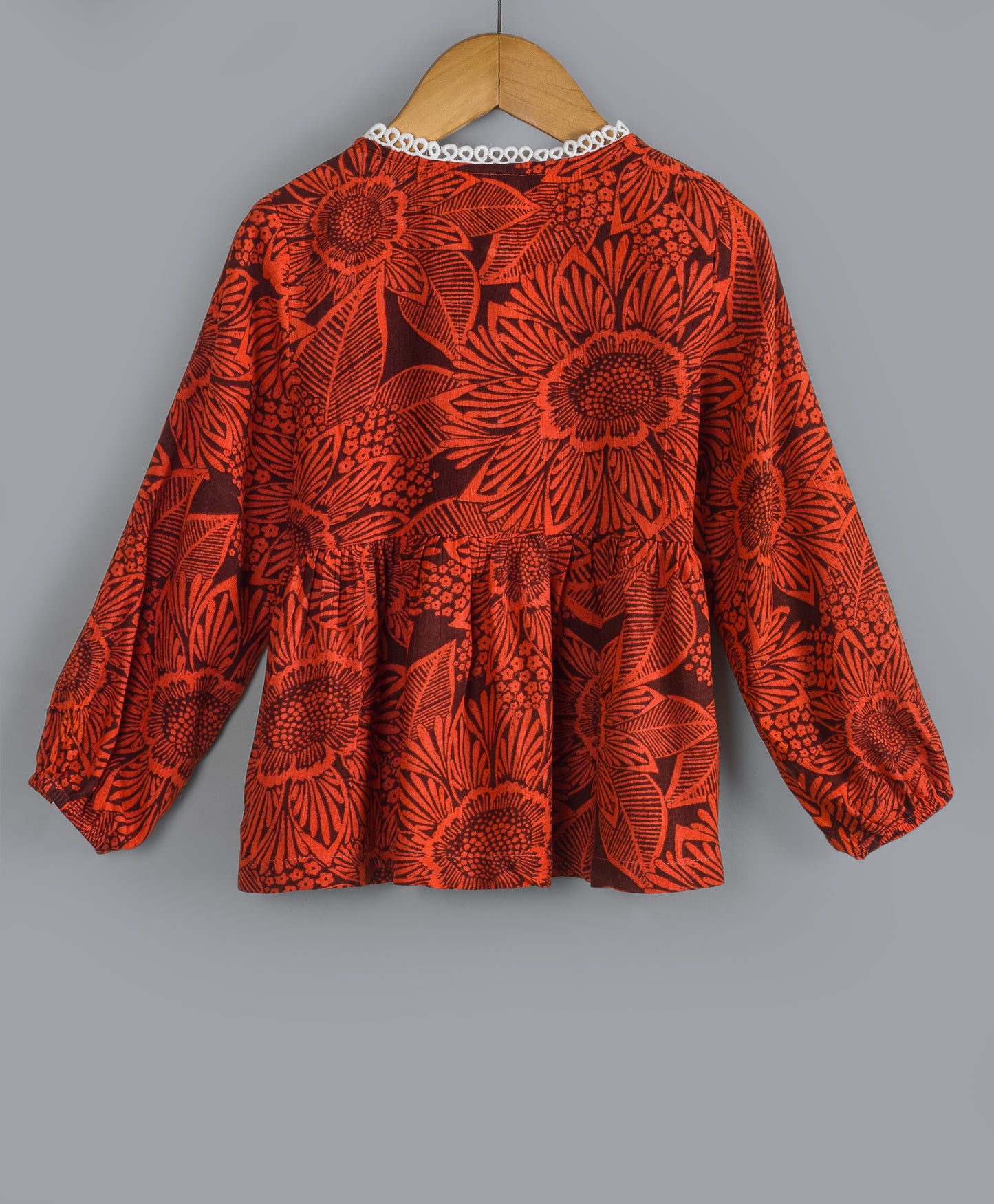 BRICK RED SELF PRINT TOP WITH CONTRAST LACE ALONG YOKE