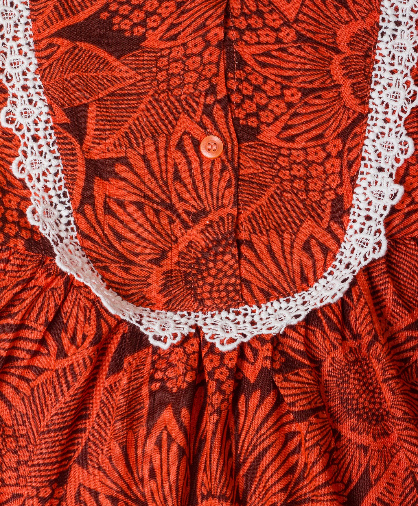 BRICK RED SELF PRINT TOP WITH CONTRAST LACE ALONG YOKE
