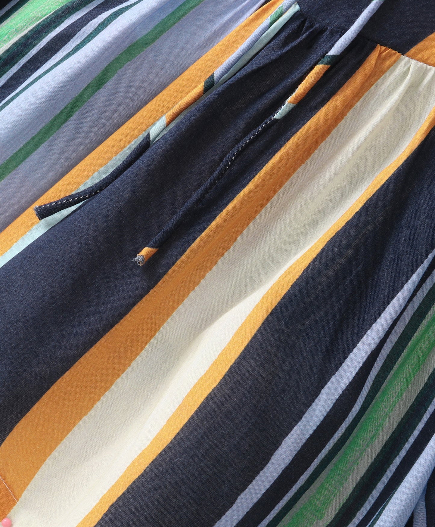 MULTI STRIPE TOP WITH CONTRAST LACE AT NECK AND SLEEVE ENDS - BLUE