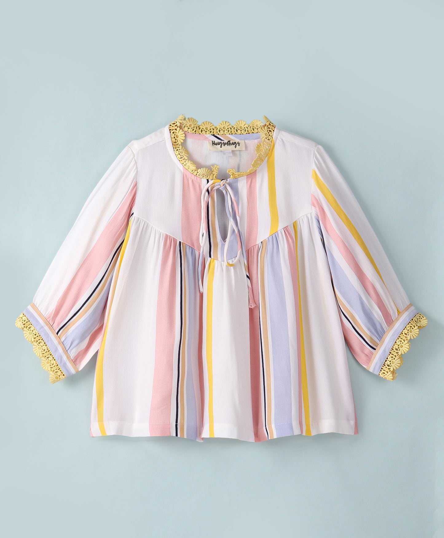 MULTI STRIPE PRINT WITH CONTRAST LACE AT NECK AND SLEEVES- WHT/PINK