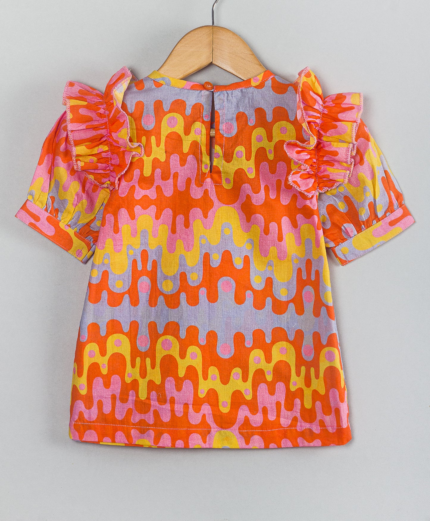 ORANGE AND GREY GEOMETRIC PRINT TOP WITH FRILLS AT ARMHOLE