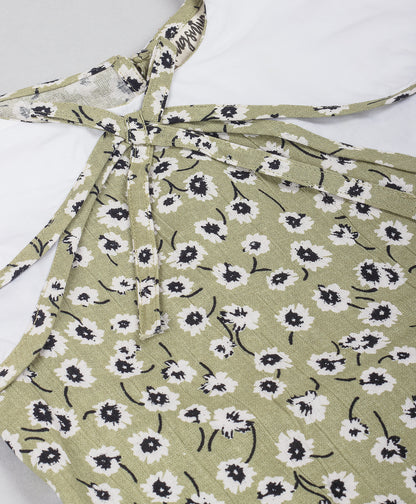 OLIVE GREEN FLORAL PRINT TOP WITH SOLID WHITE DOUBLE SHOULDER FLAPS