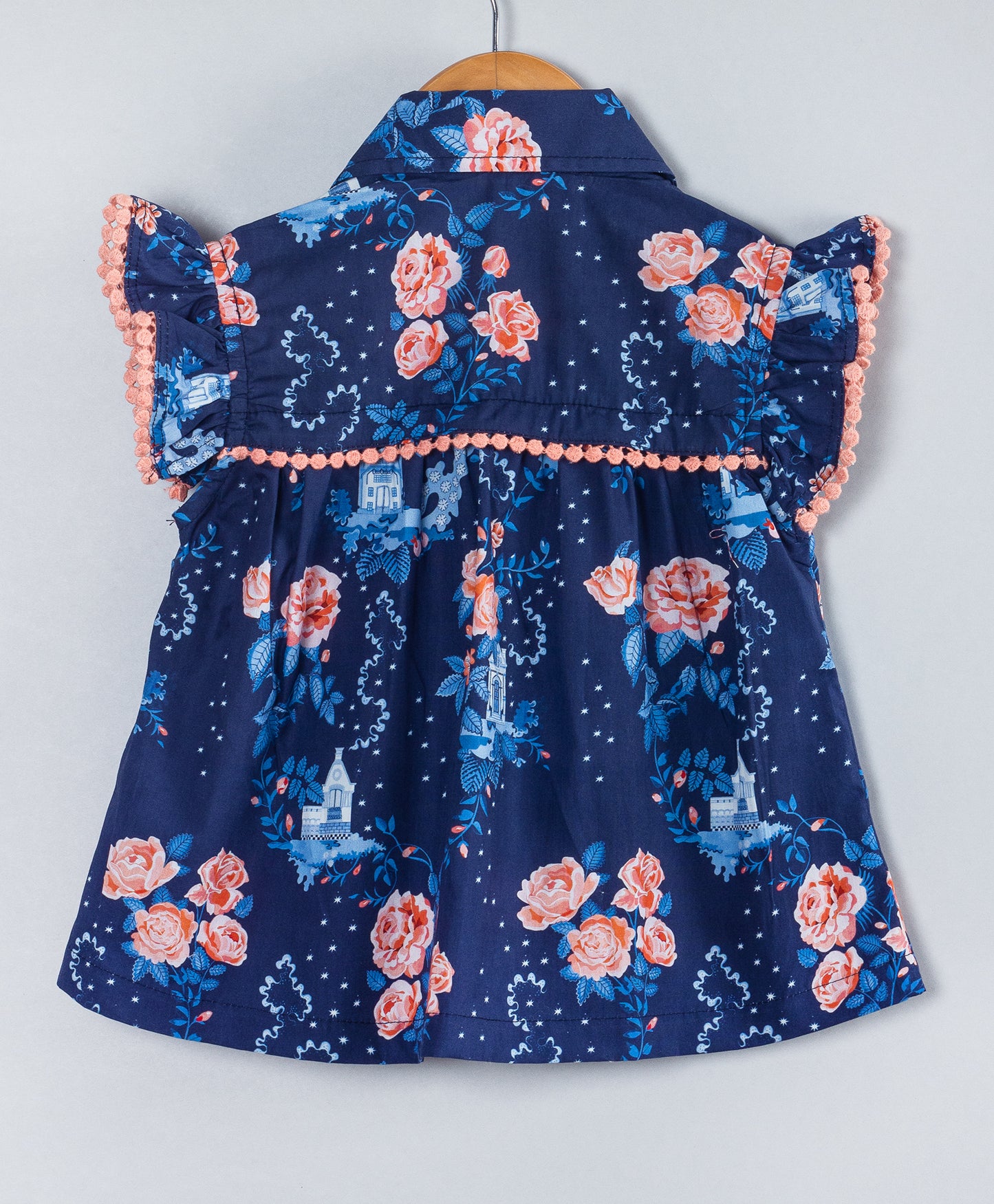 NAVY TOP WITH FLORAL PRINT AND CORAL LACE