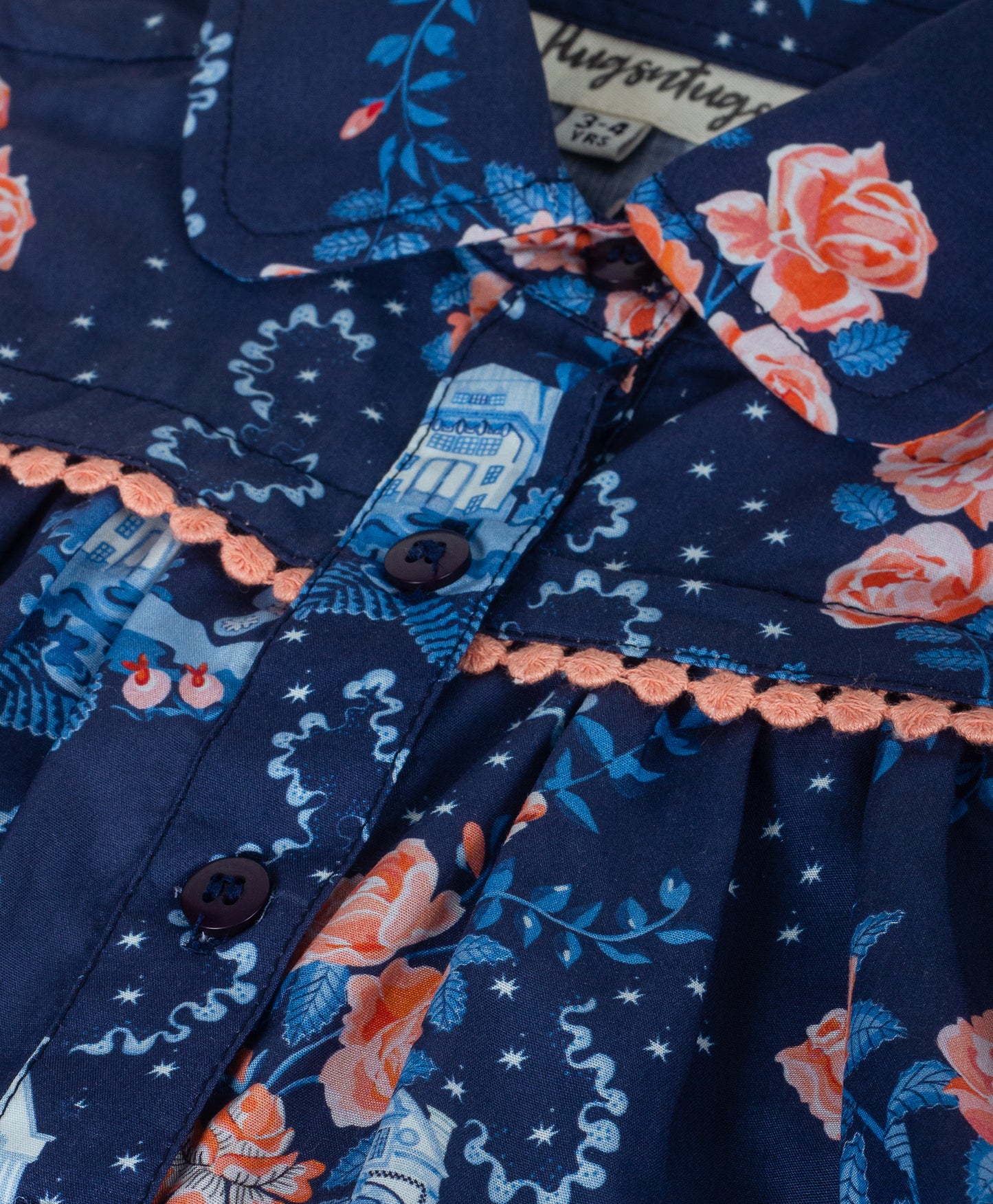 NAVY TOP WITH FLORAL PRINT AND CORAL LACE