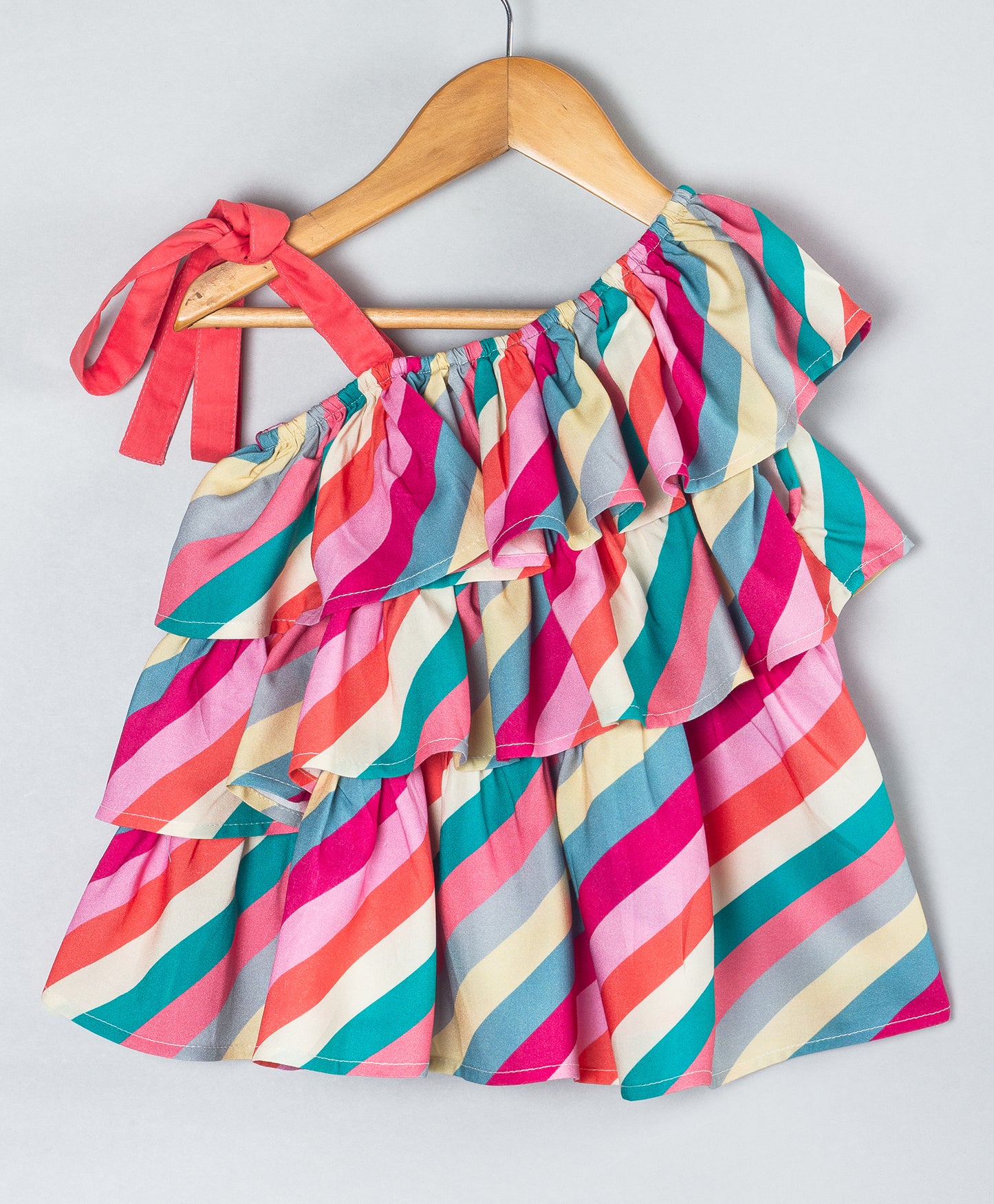 STRIPE PRINT TOP WITH FRILLS AND SHOULDER STRAP