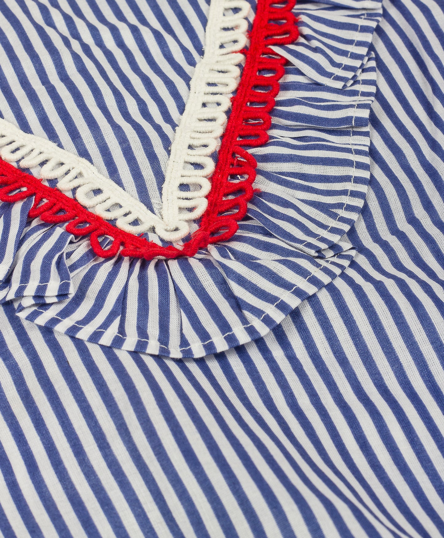 STRIPE PRINT TOP WITH CONTRAST LACE AT YOKE SEAM