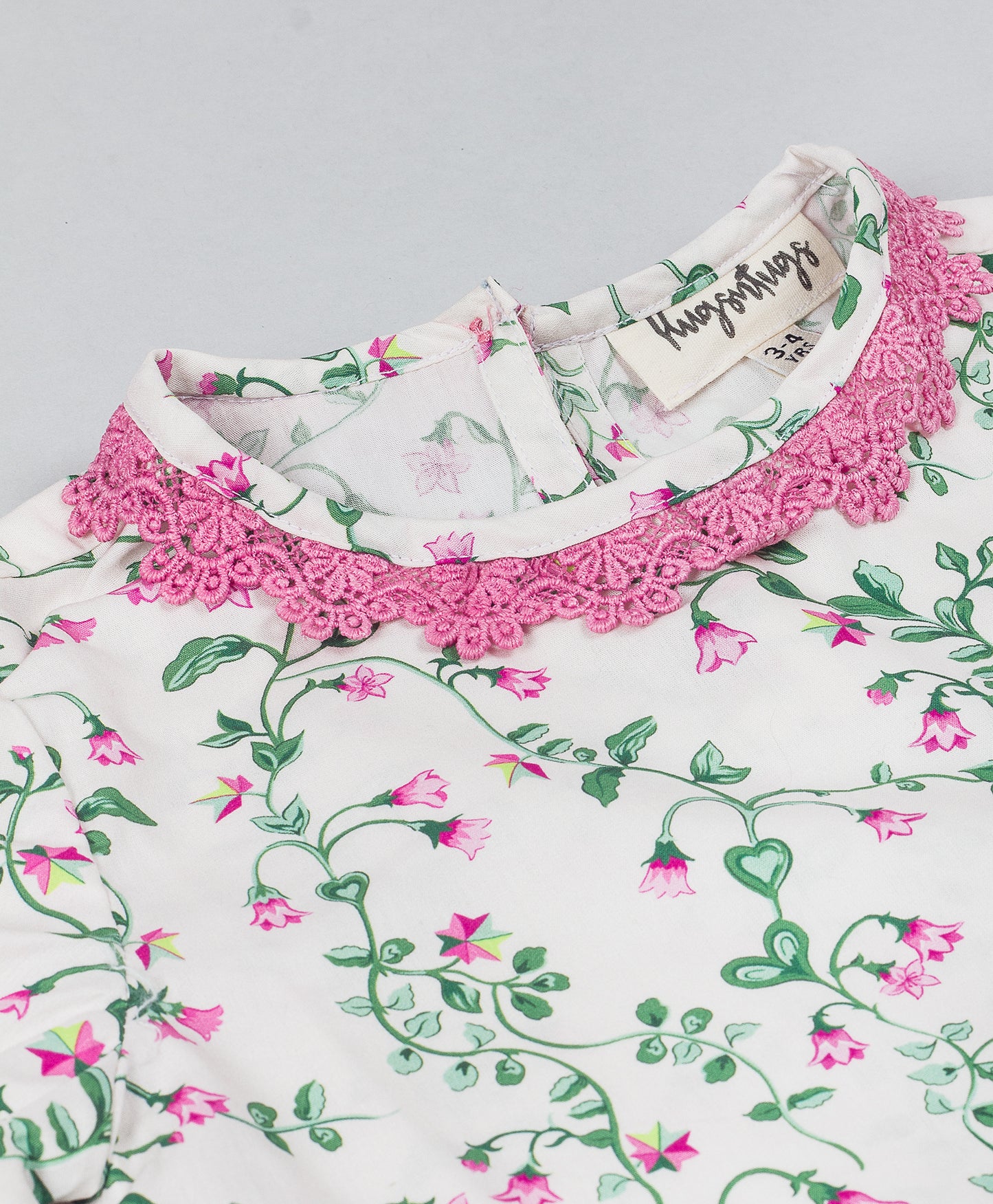 WHITE AND PINK FLORAL PRINT TOP WITH MATCHING LACE TOP APPLIED ON SLEEVES