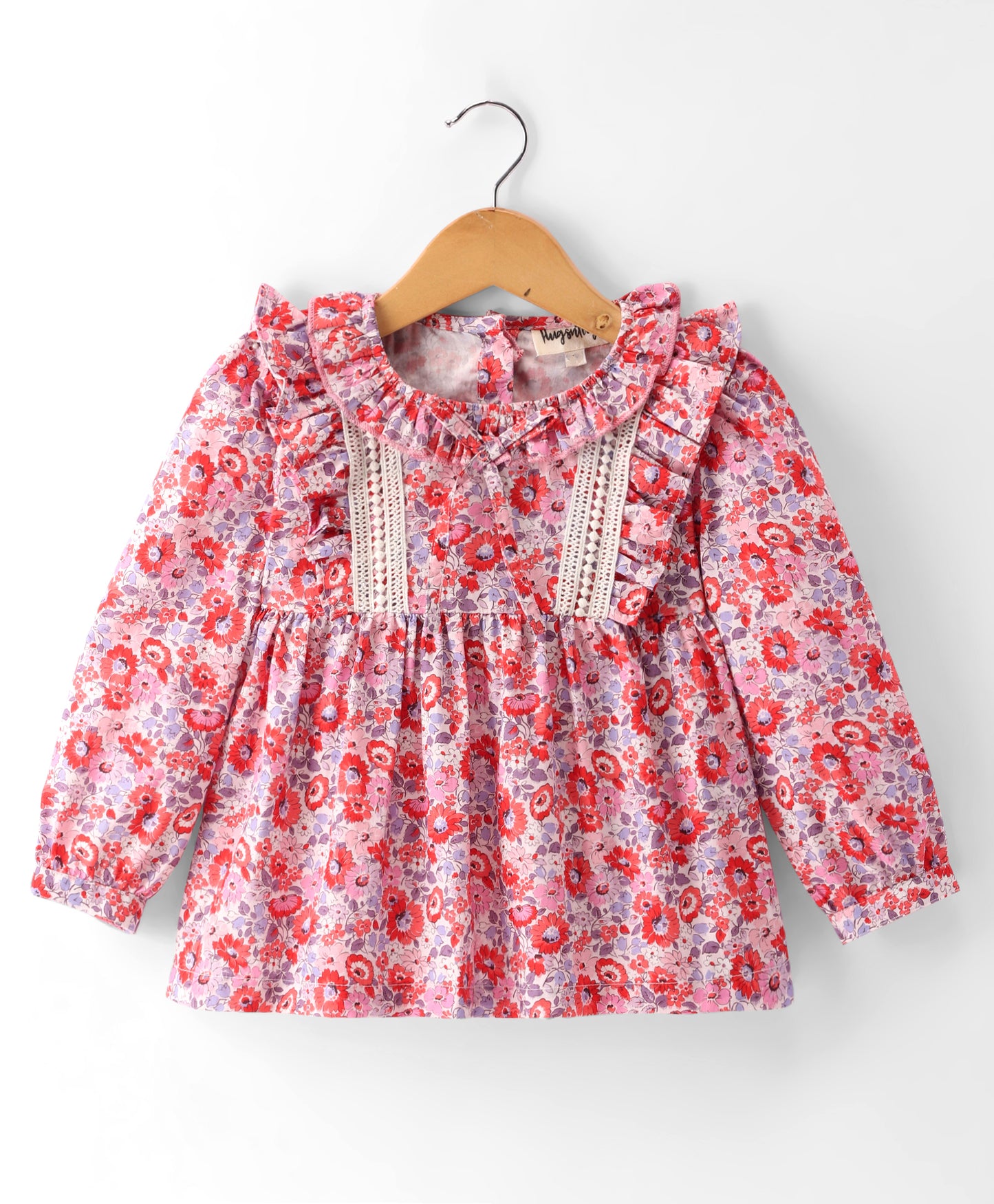 PINK FLORAL PRINT TOP WITH LACE ON YOKE