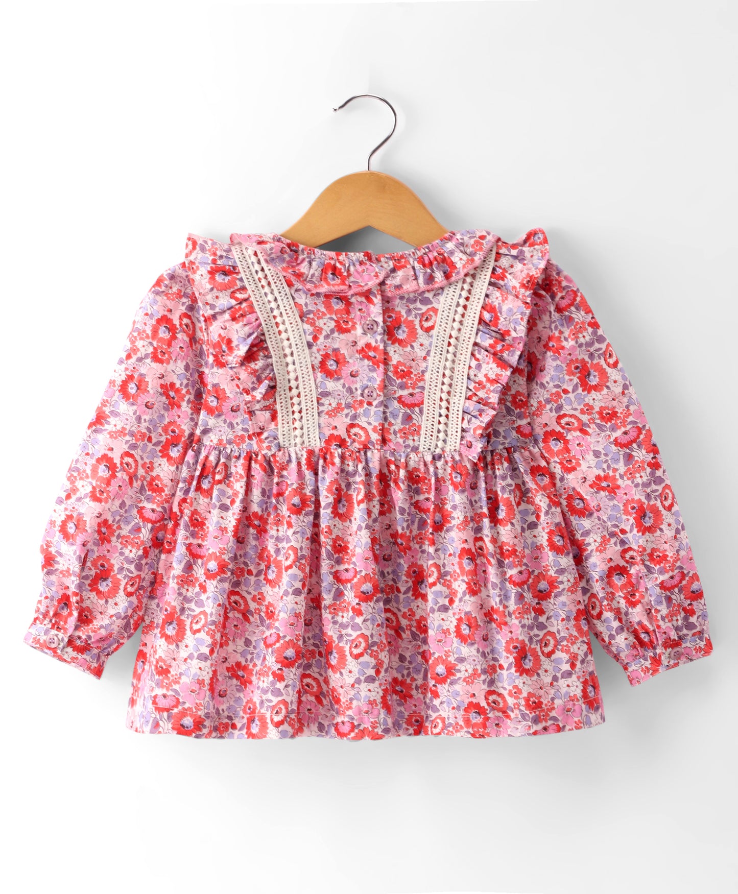 PINK FLORAL PRINT TOP WITH LACE ON YOKE