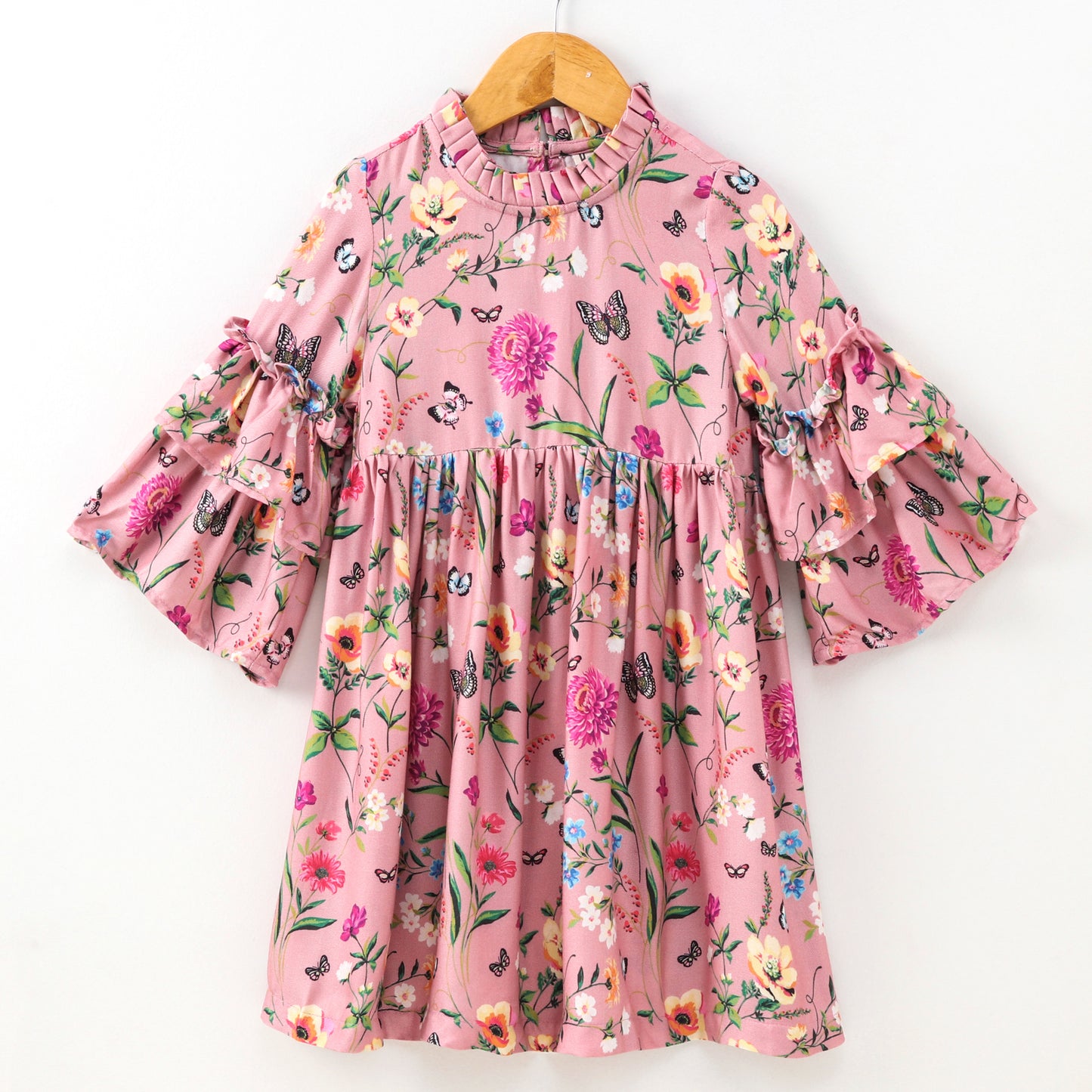 Full Bell Sleeves Seamless Flower & Leaf With Butterfly Printed Ruffle Detailed Flared Dress - Pink
