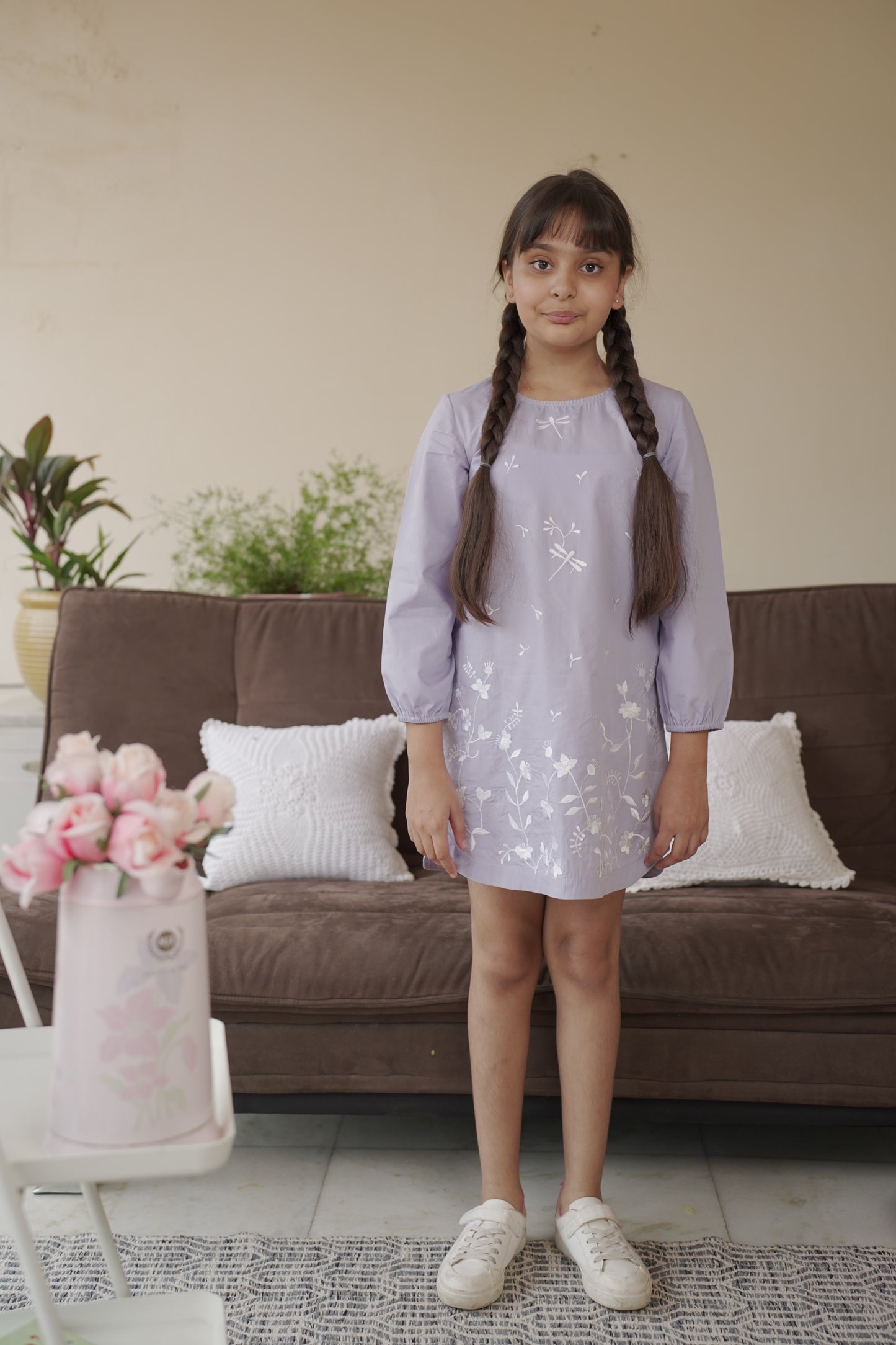 Lilac dress with dragonfly embroidery