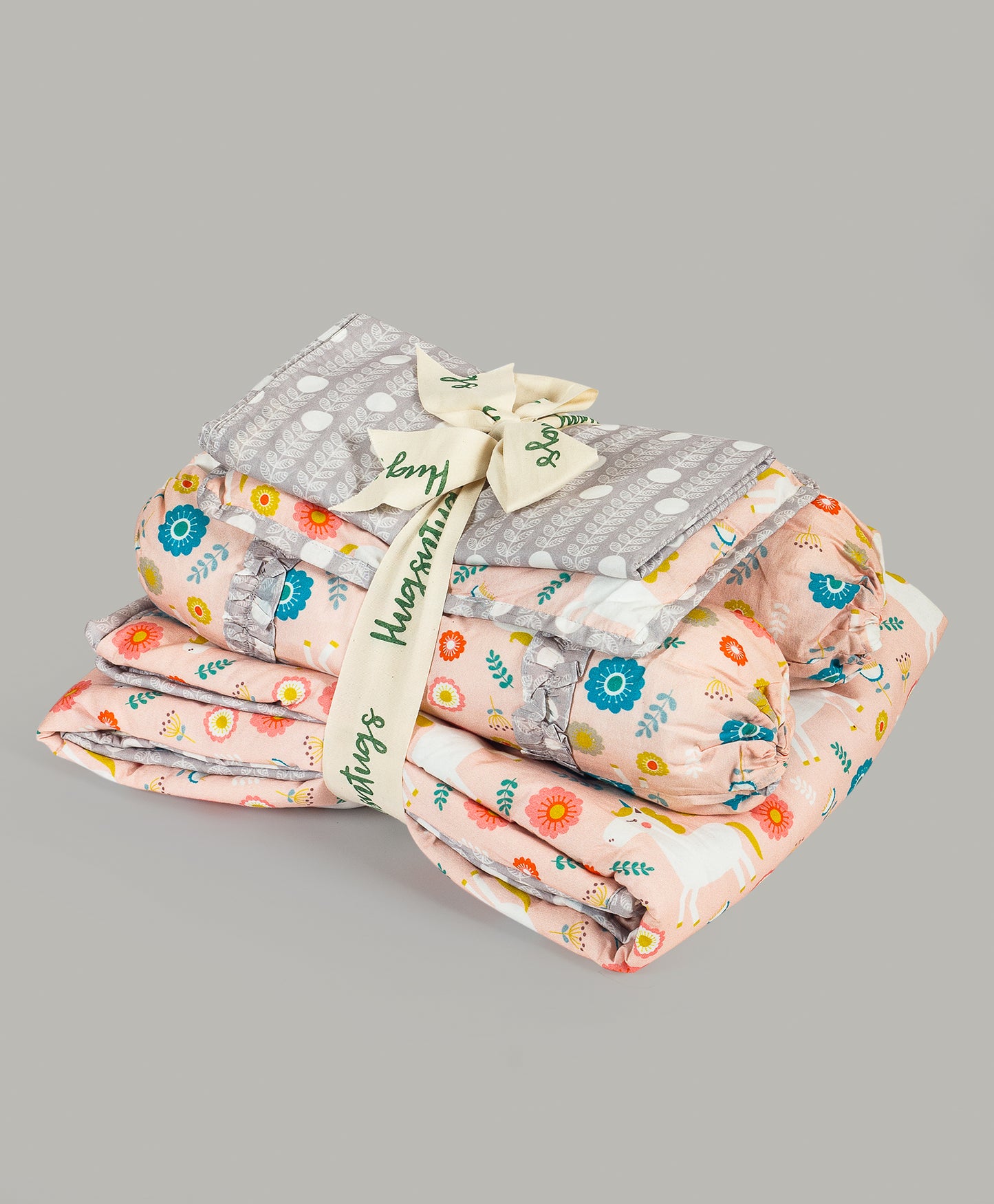 PEACH UNICORN PRINT COT SET