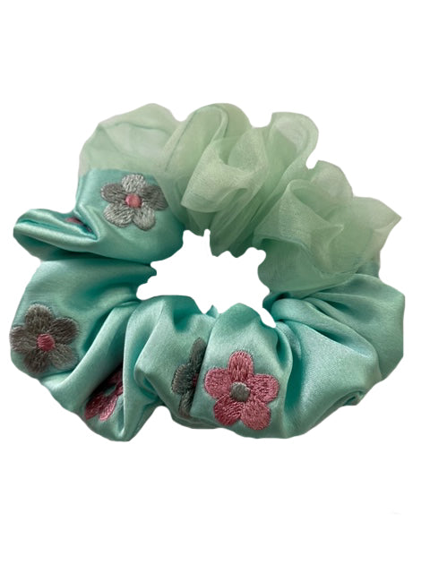 AQUA SATIN AND ORGANZA SCRUNCHIE