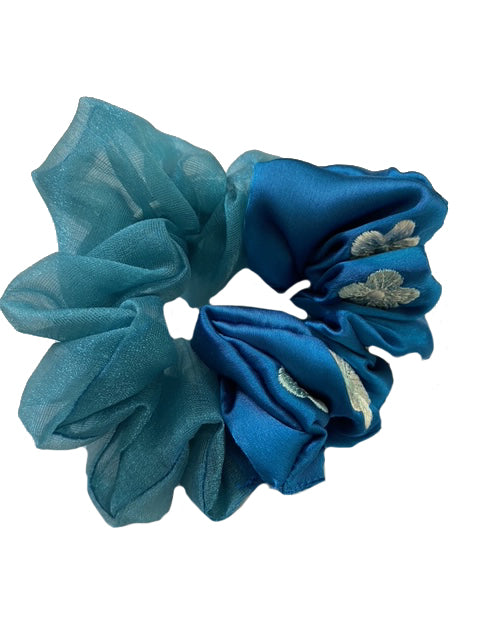BLUE SATIN AND ORGANZA SCRUNCHIE