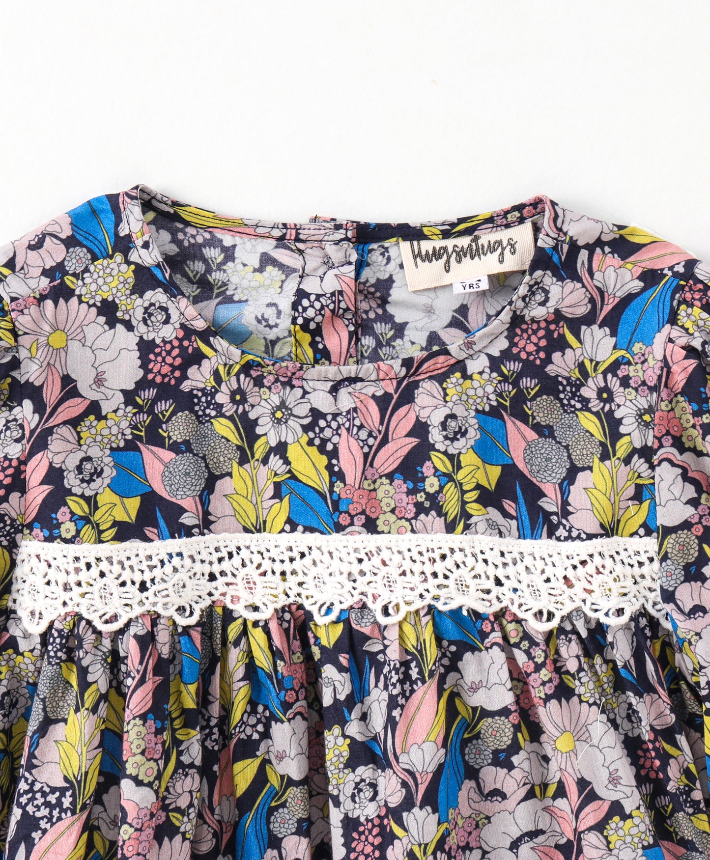 Full Sleeves Seamless Floral Printed & Lace Embellished Flared Dress - Blue