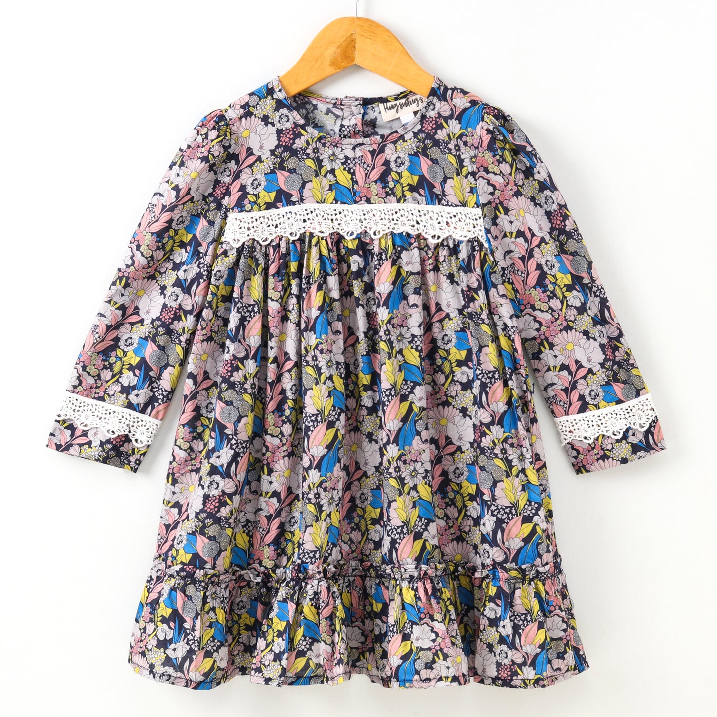 Full Sleeves Seamless Floral Printed & Lace Embellished Flared Dress - Blue