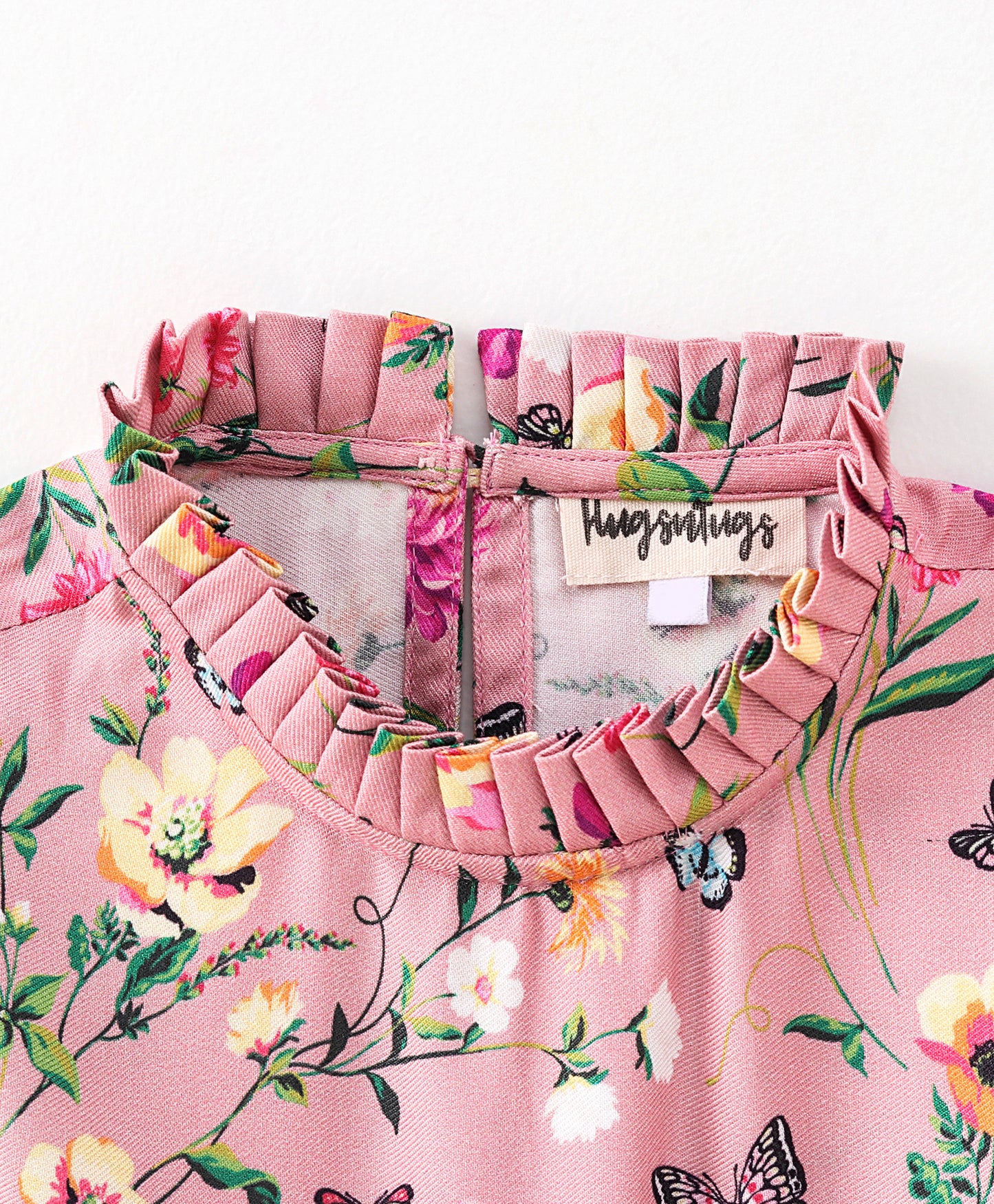 Full Bell Sleeves Seamless Flower & Leaf With Butterfly Printed Ruffle Detailed Flared Dress - Pink