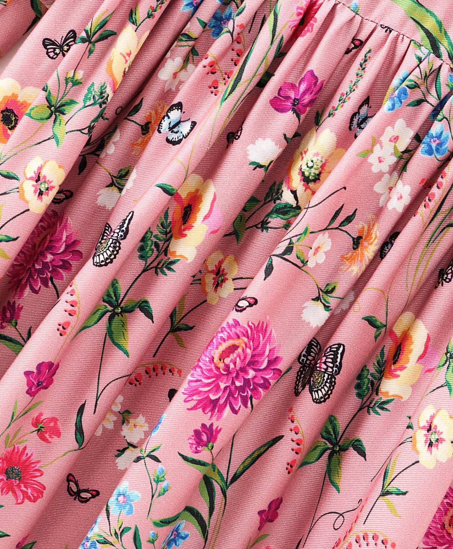 Full Bell Sleeves Seamless Flower & Leaf With Butterfly Printed Ruffle Detailed Flared Dress - Pink