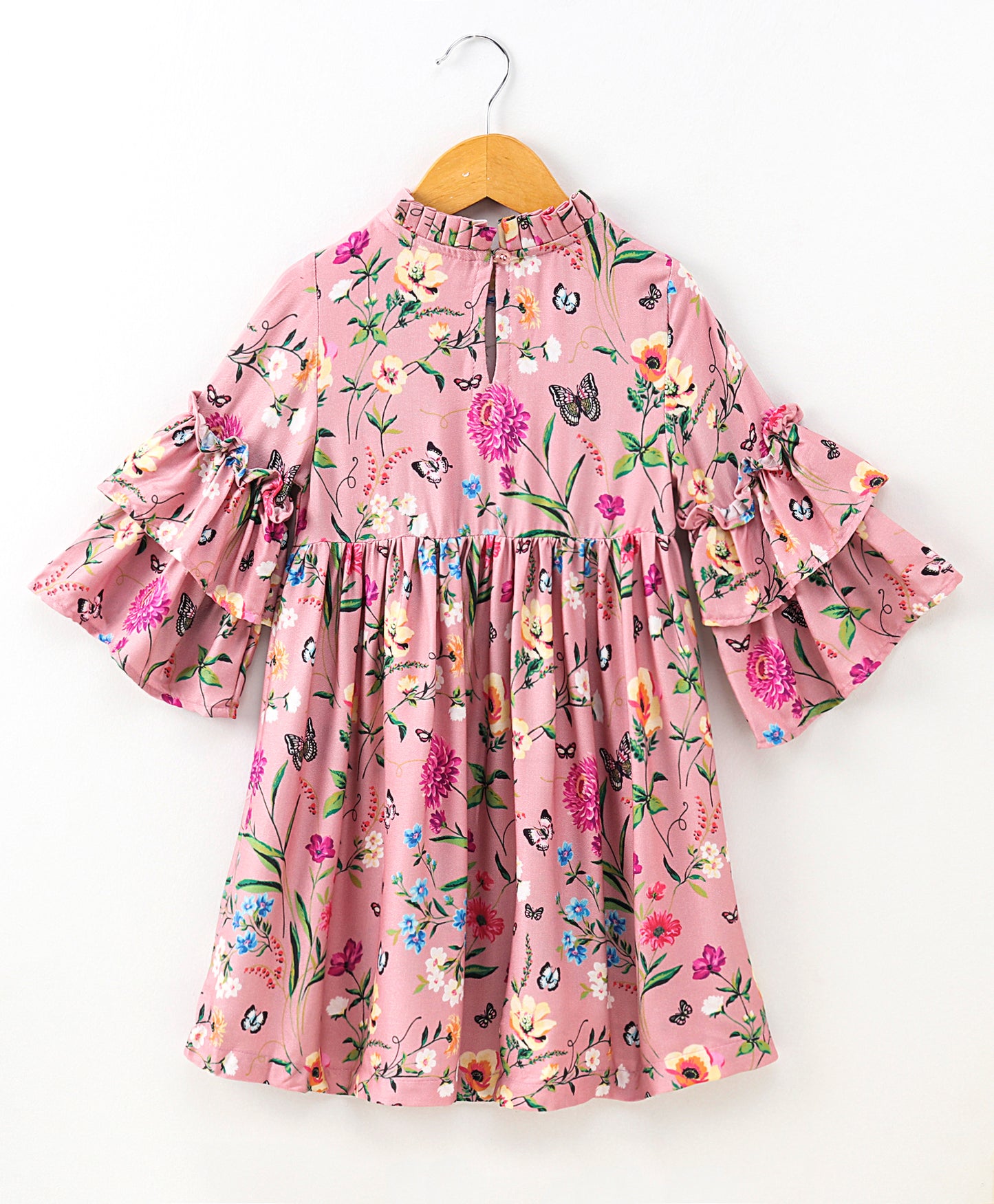 Full Bell Sleeves Seamless Flower & Leaf With Butterfly Printed Ruffle Detailed Flared Dress - Pink