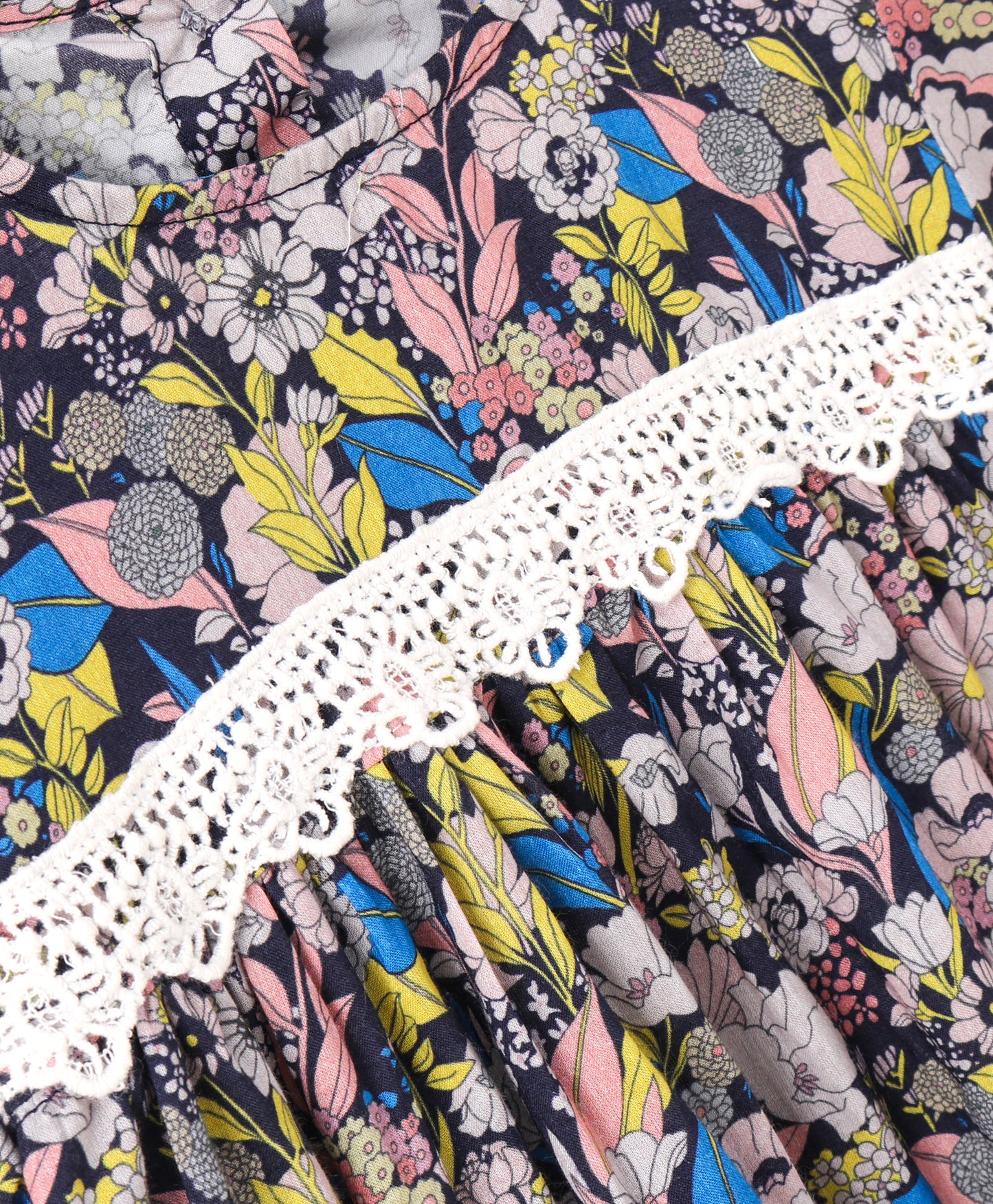 Full Sleeves Seamless Floral Printed & Lace Embellished Flared Dress - Blue