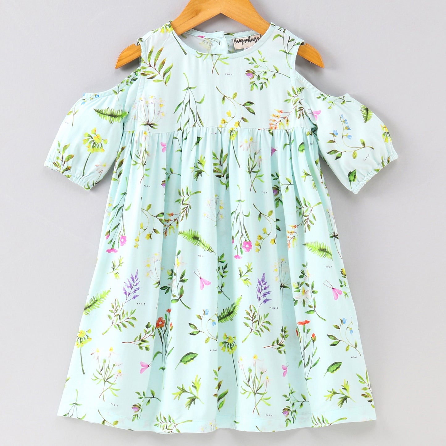 Half Cold Shoulder Sleeves Seamless Flower & Leaf Printed Fit & Flare Dress - Aqua Green