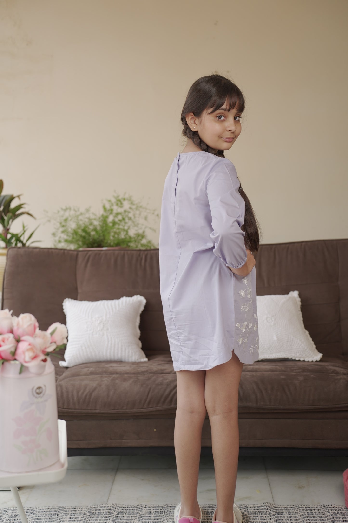 Lilac dress with dragonfly embroidery