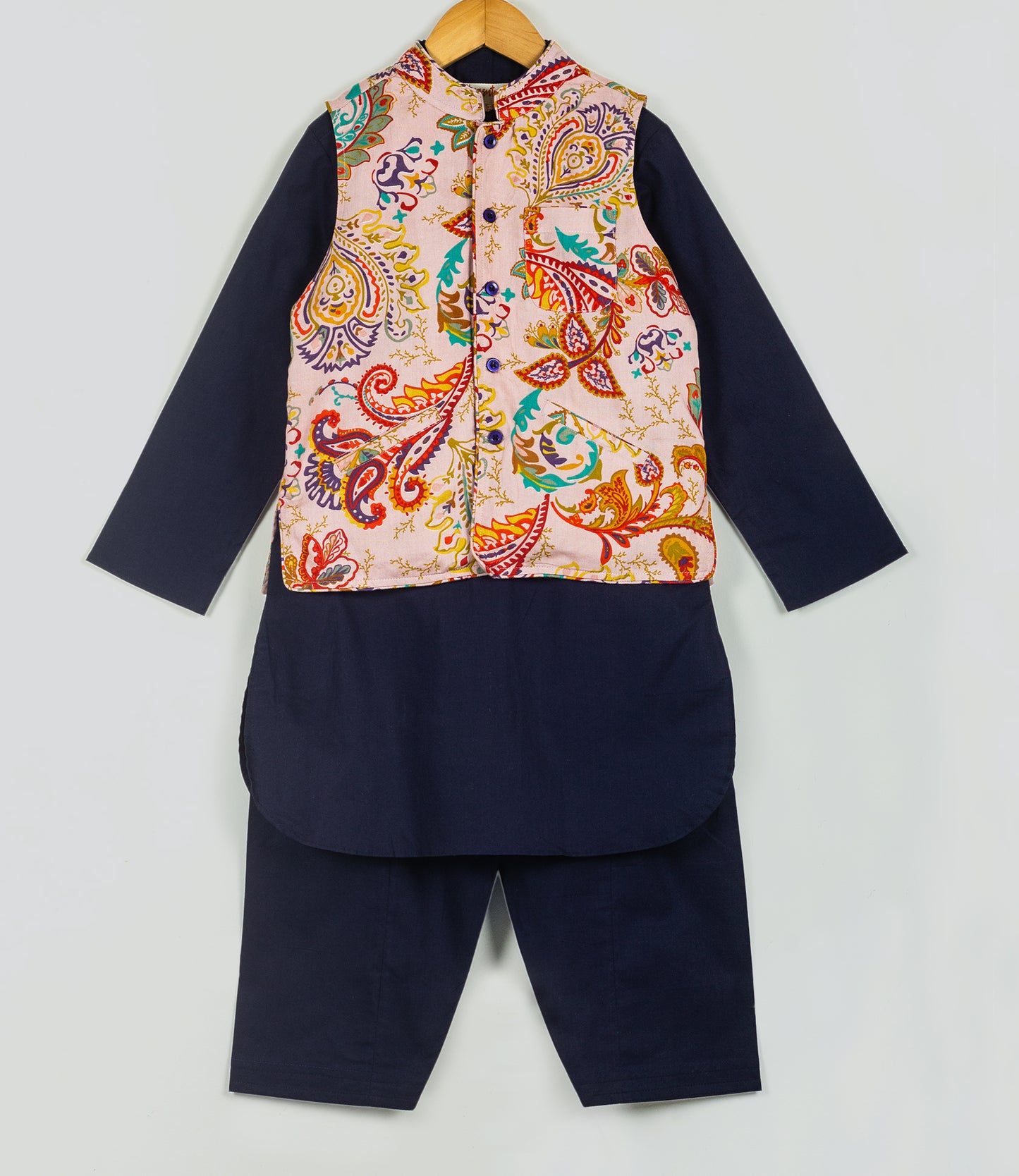 navy kurta set with paisley print jacket