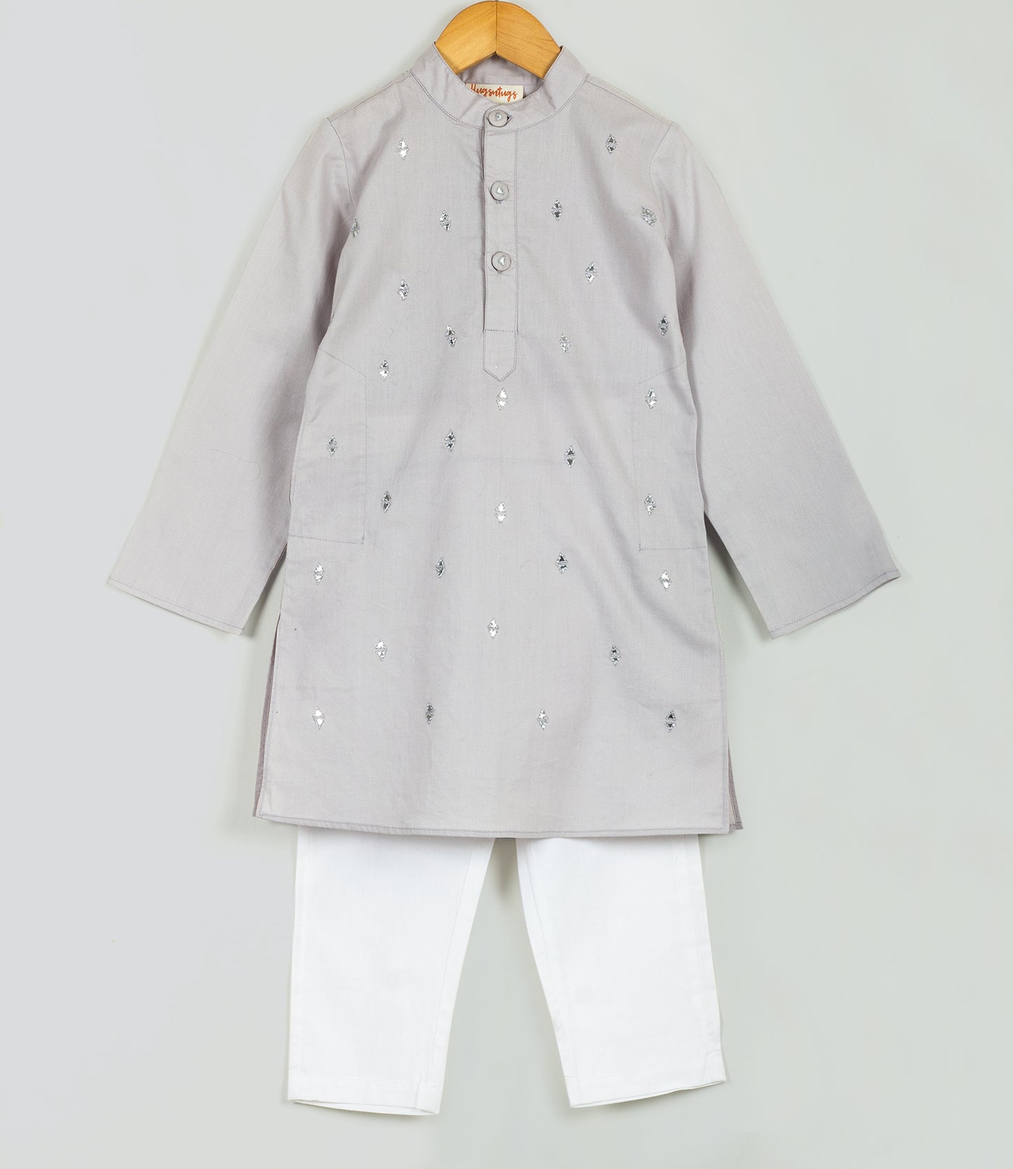 grey kurta set with triangle mirror work