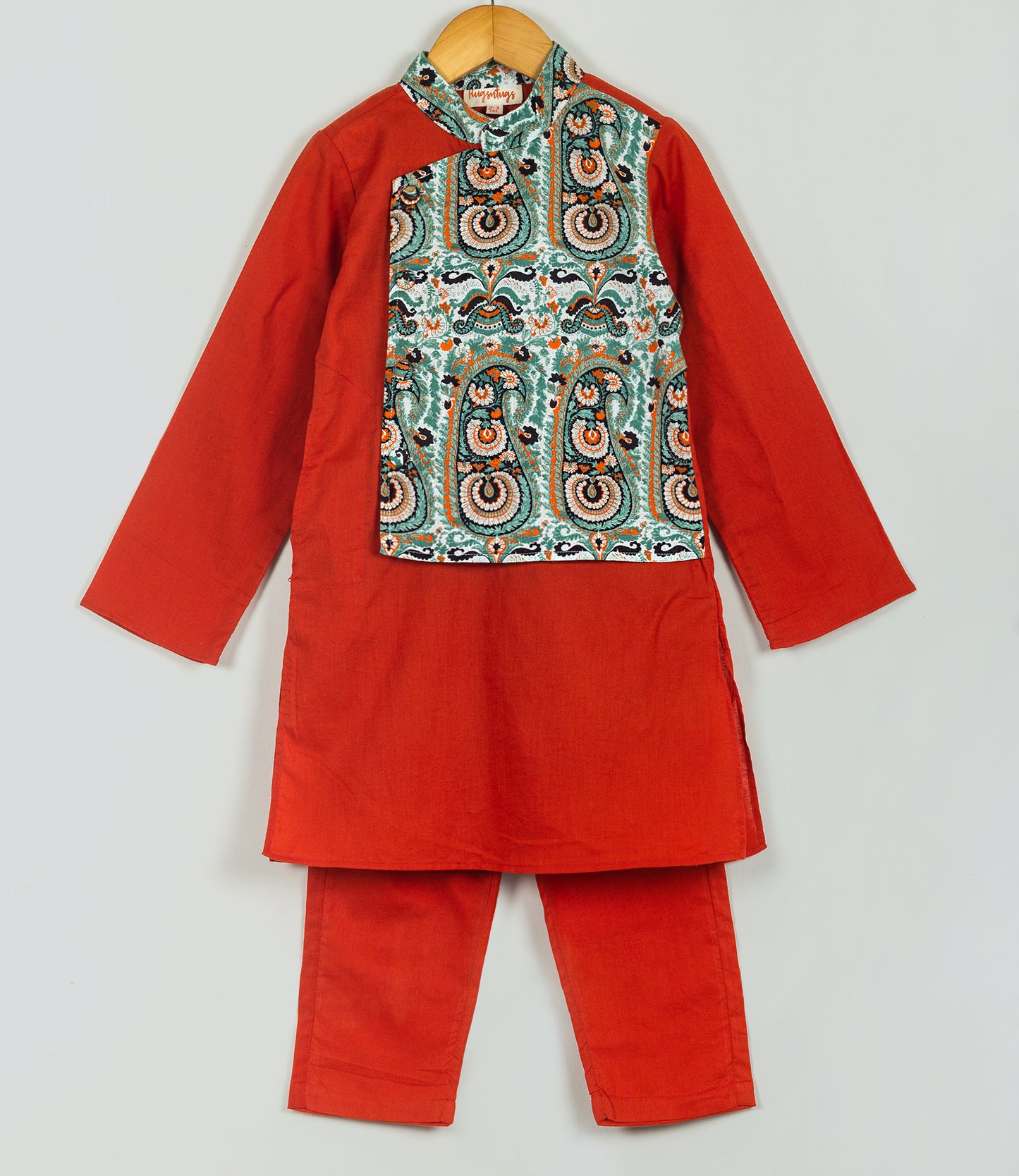 burnt orange kurta set with paisly print fixed jacket