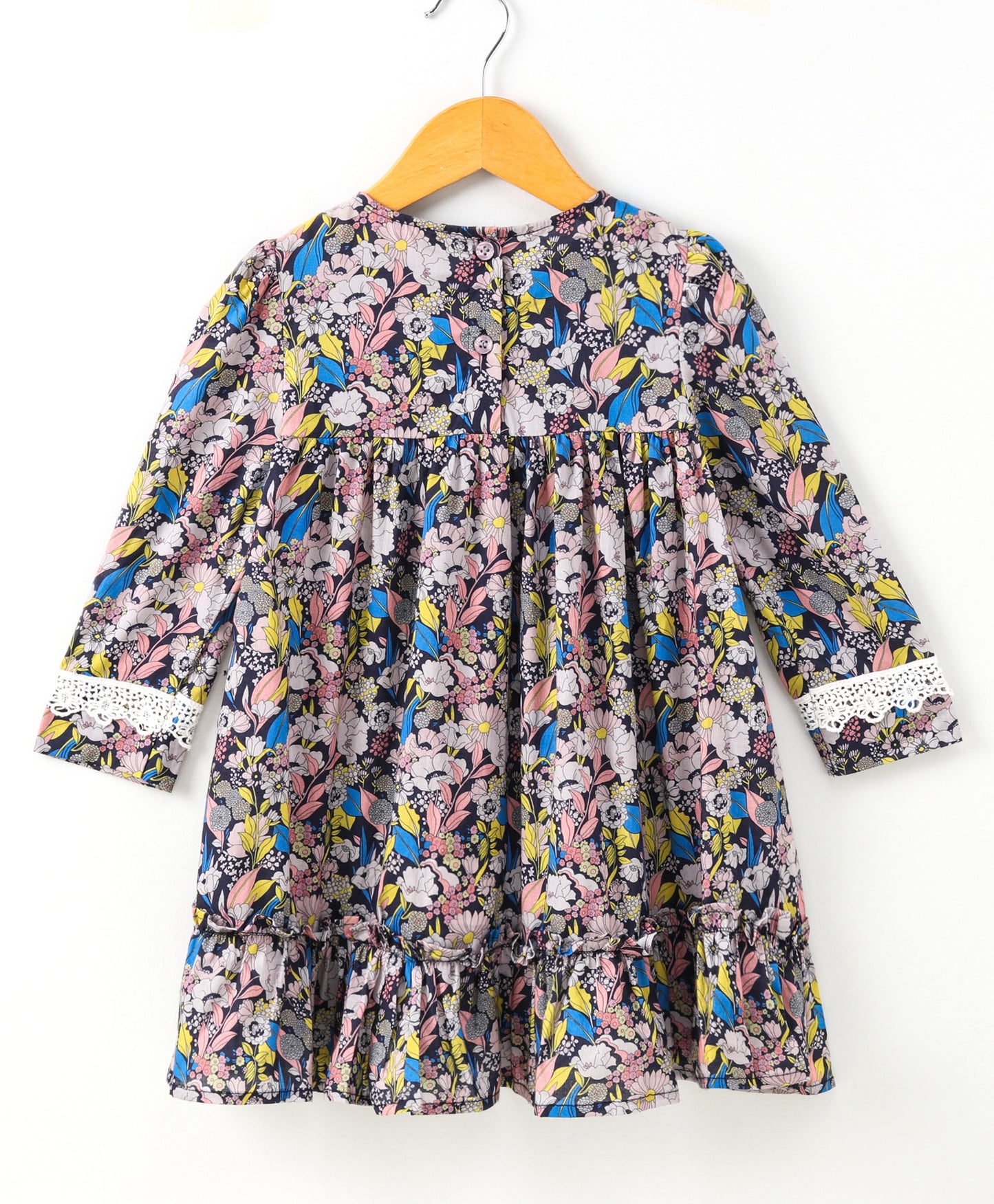 Full Sleeves Seamless Floral Printed & Lace Embellished Flared Dress - Blue