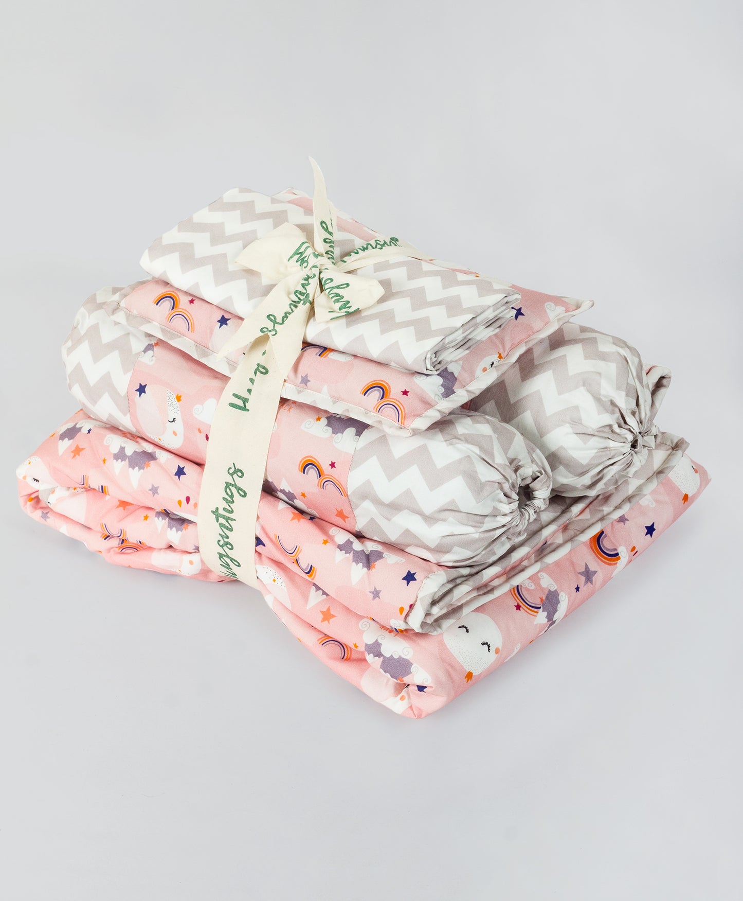 moon and cloud print cot set with grey chevron side print