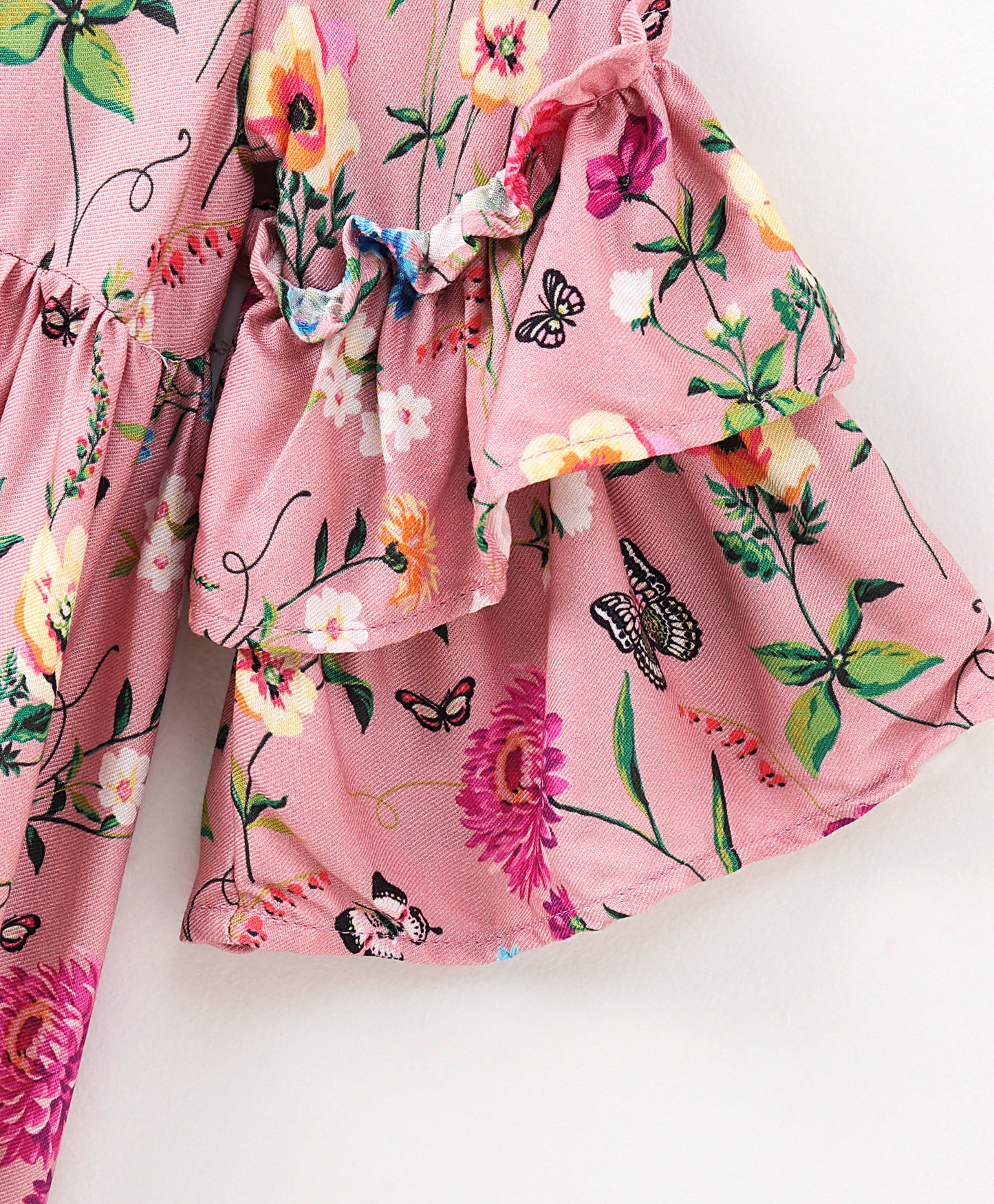 Full Bell Sleeves Seamless Flower & Leaf With Butterfly Printed Ruffle Detailed Flared Dress - Pink