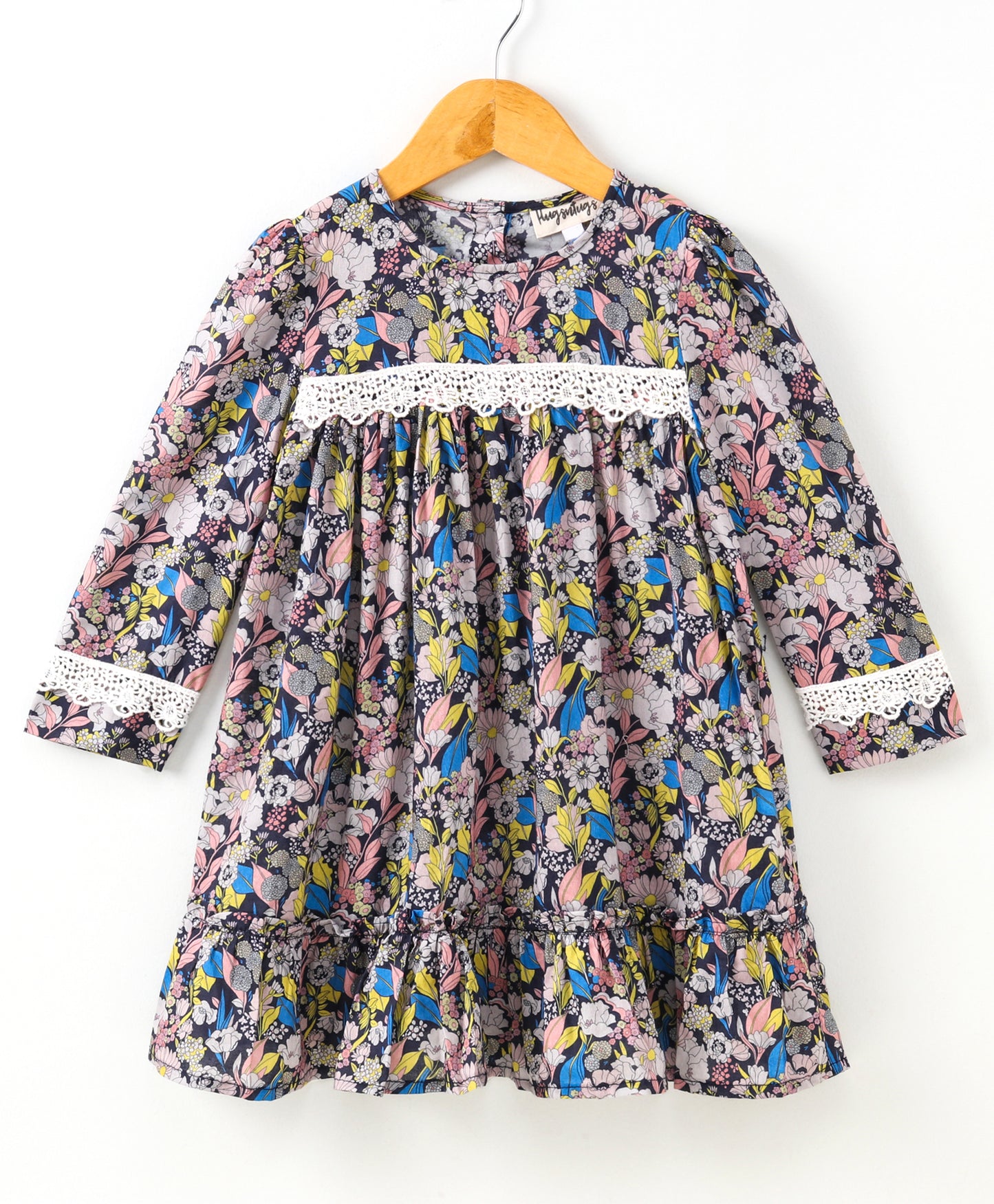 Full Sleeves Seamless Floral Printed & Lace Embellished Flared Dress - Blue