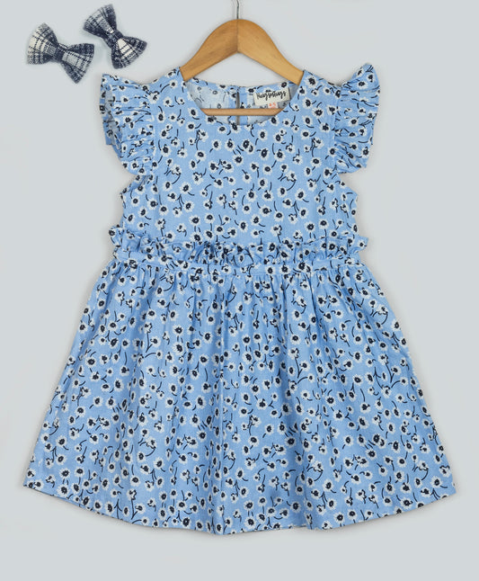 BLUE DITSY FLORAL PRINT DRESS WITH PLEATS AT FRONT WAIST